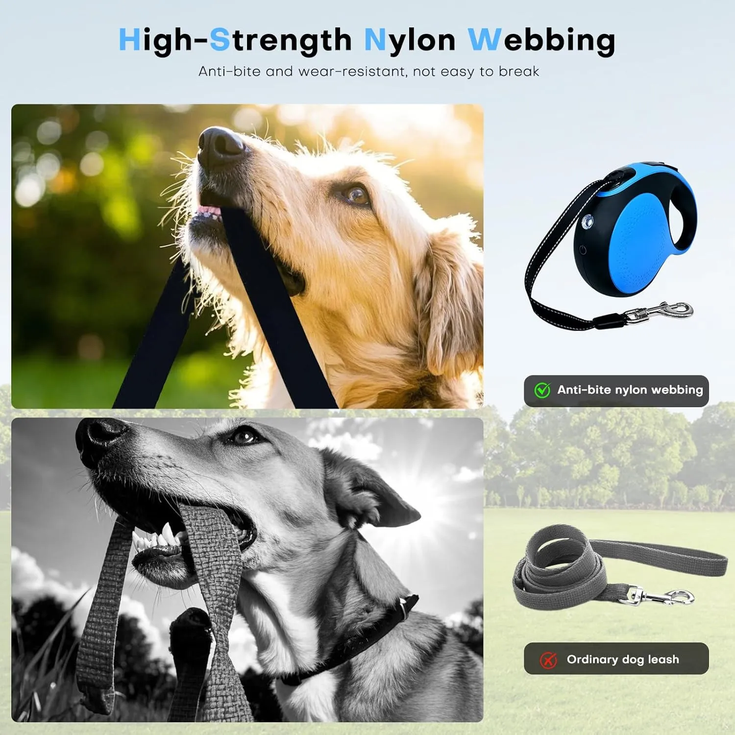 Retractable dog leash with chew-proof cord and LED flashlight, 16-ft heavy-duty dog leash, suitable for medium/large dogs weighing up to 110 pounds, reflective rope, 360° anti-tangling.(Blue 16ft LED)