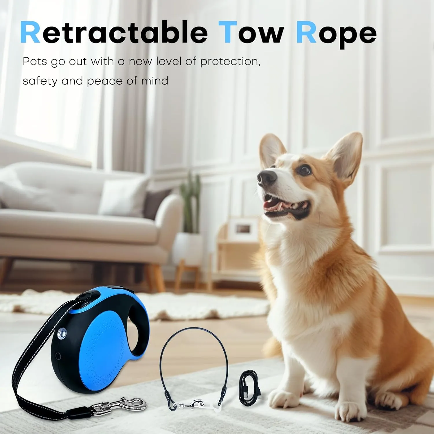 Retractable dog leash with chew-proof cord and LED flashlight, 16-ft heavy-duty dog leash, suitable for medium/large dogs weighing up to 110 pounds, reflective rope, 360° anti-tangling.(Blue 16ft LED)