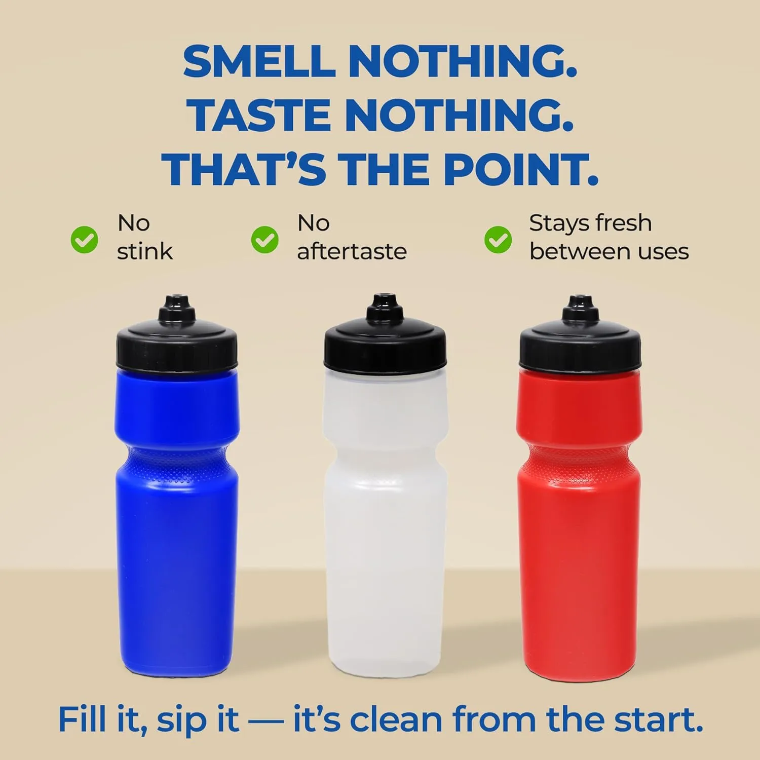 Rolling Sands USA Made 24 oz Sports Squeeze Water Bottles, 3 Pack, BPA-Free, Easy Drink One Way Flow Valve, Fits Most Bike Cages, Dishwasher Safe, Durable, Reusable and Lightweight, Blue