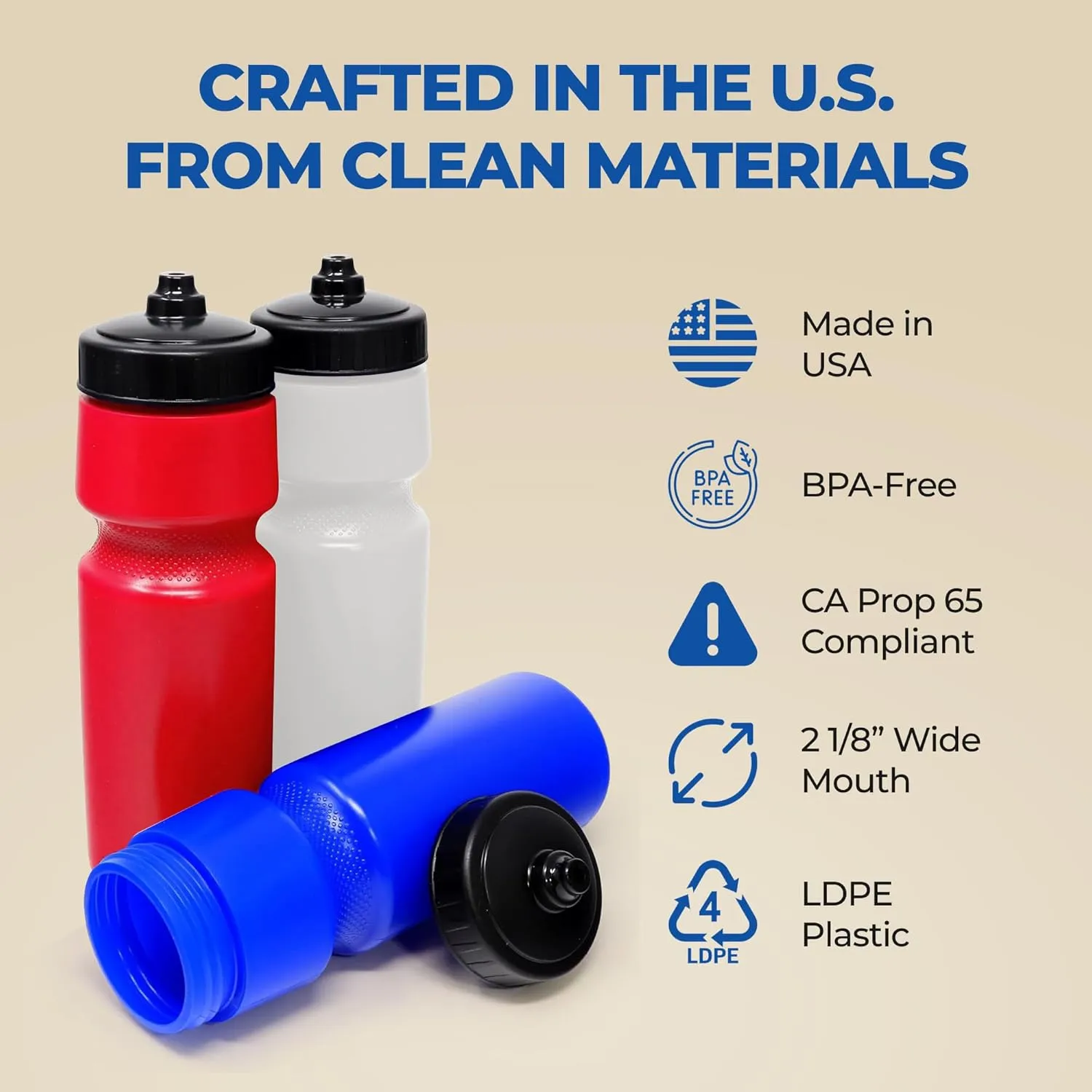 Rolling Sands USA Made 24 oz Sports Squeeze Water Bottles, 3 Pack, BPA-Free, Easy Drink One Way Flow Valve, Fits Most Bike Cages, Dishwasher Safe, Durable, Reusable and Lightweight, Blue