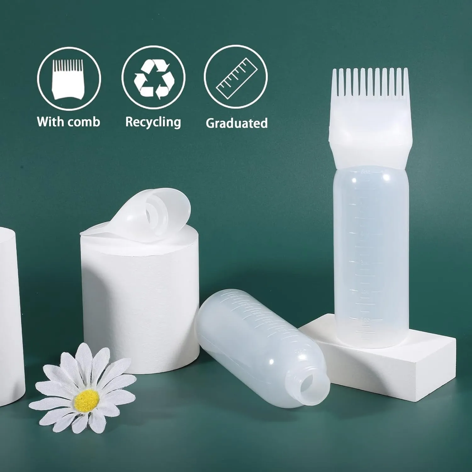 Root Comb Applicator Bottle 6 Ounce, 2 Pack Hair Oil Applicator, Applicator Bottle for Hair Dye Applicator Bottle with Graduated Scale, White