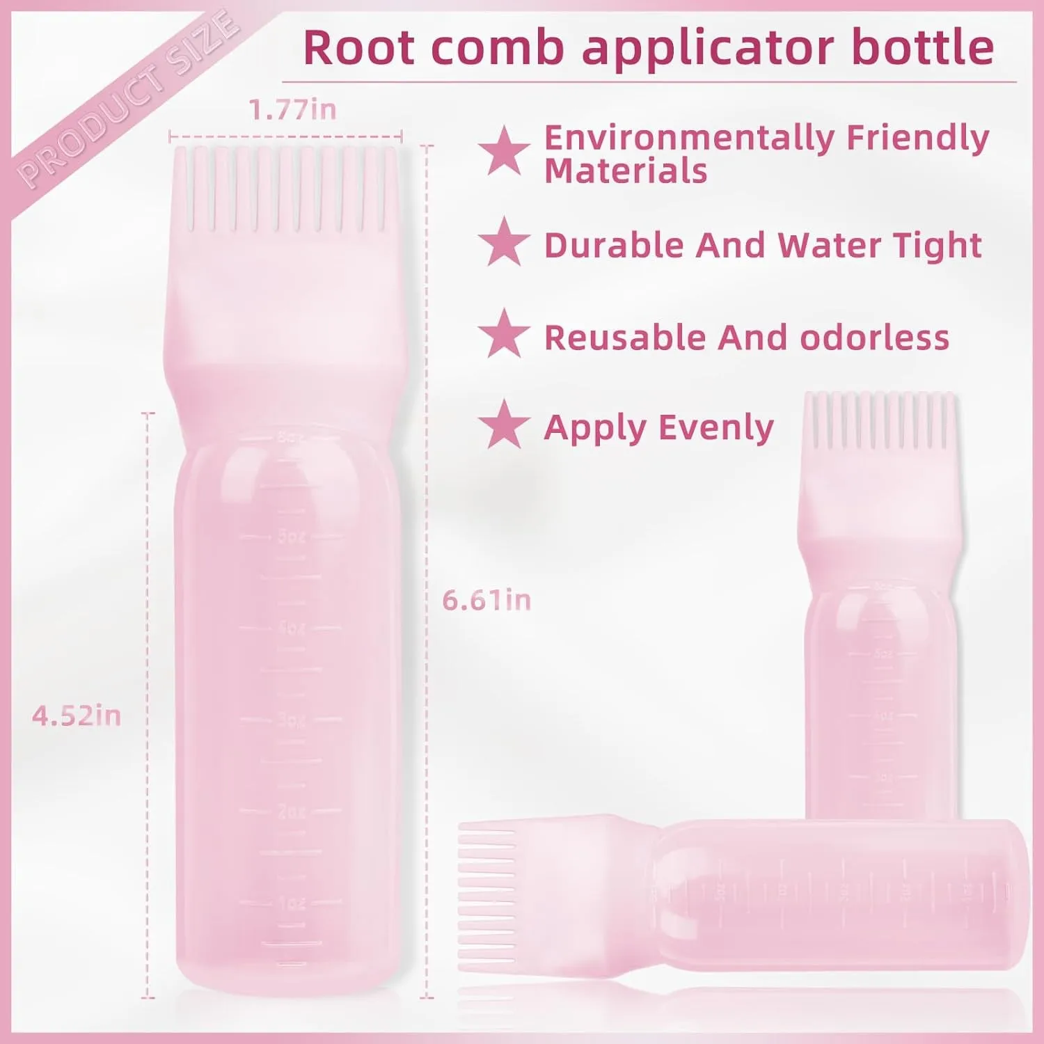 Root Comb Applicator Bottle 6 Ounce, 2 Pack Hair Oil Applicator Bottle, Hair Dye Bottle Applicator Tools with Hair Oil Dispenser Root Comb Brush for Hair Oiling Applicator - Pink