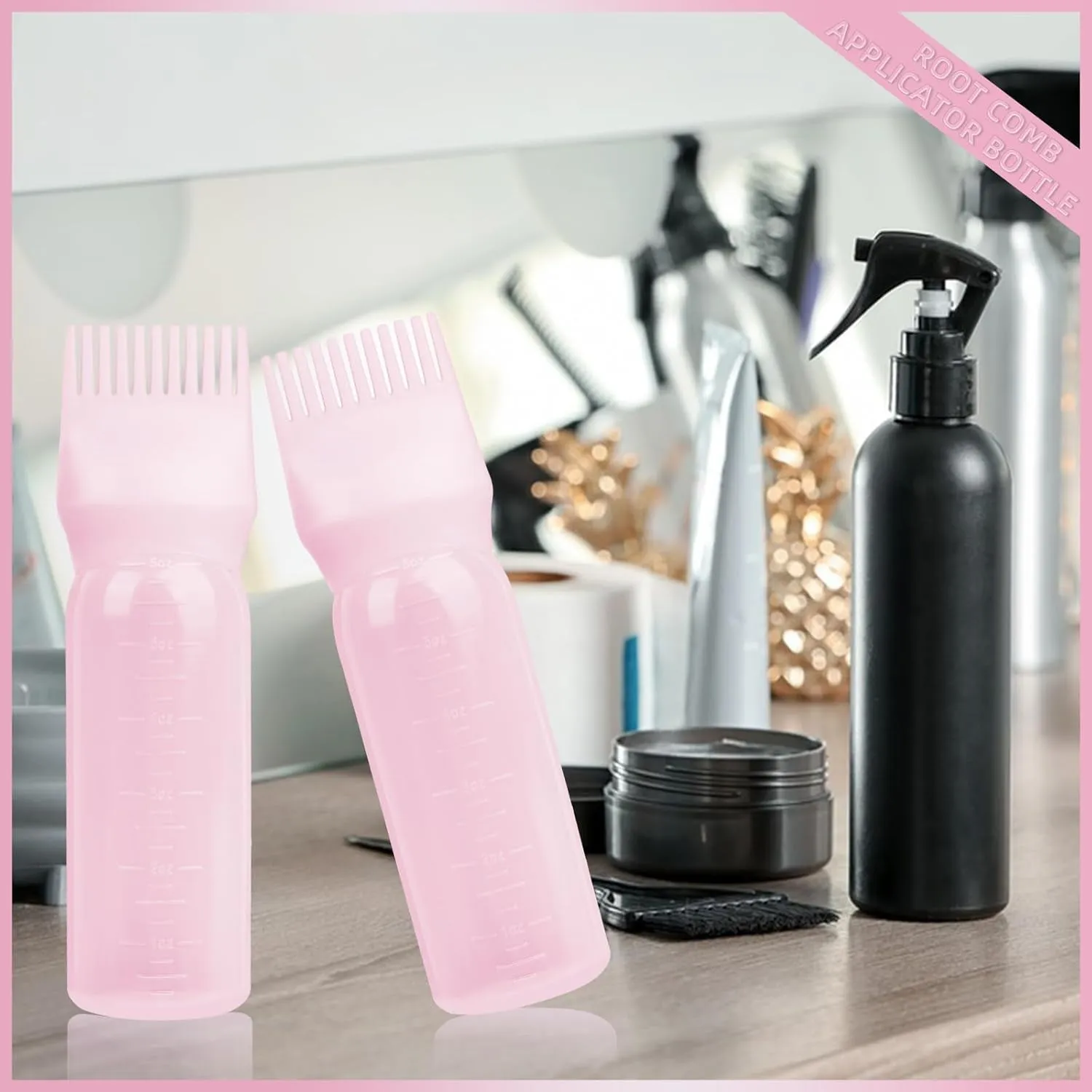 Root Comb Applicator Bottle 6 Ounce, 2 Pack Hair Oil Applicator Bottle, Hair Dye Bottle Applicator Tools with Hair Oil Dispenser Root Comb Brush for Hair Oiling Applicator - Pink