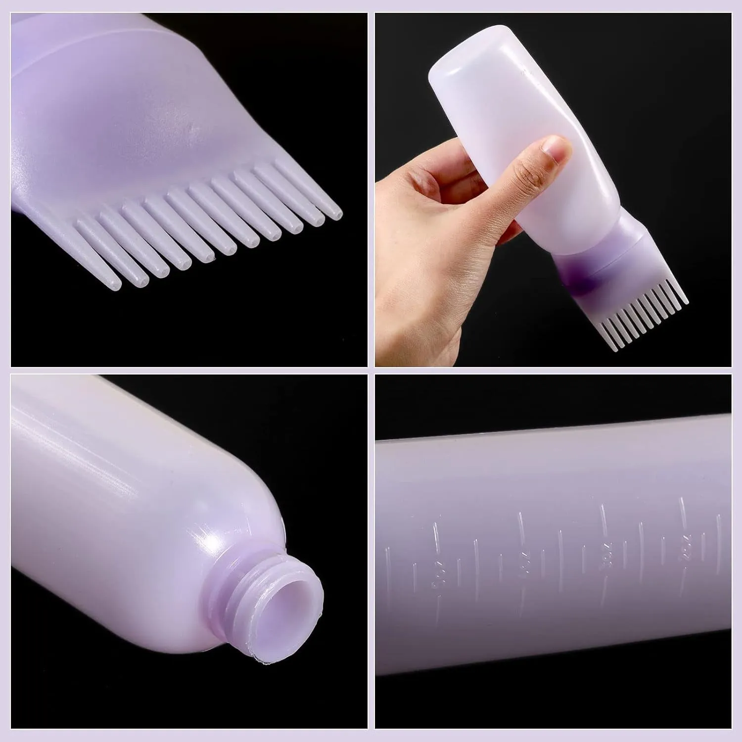 Root Comb Applicator Bottle 6 Ounce, 2 Pack Oil Applicator for Hair Dye, Bottle Applicator Brush with Graduated Scale, Purple