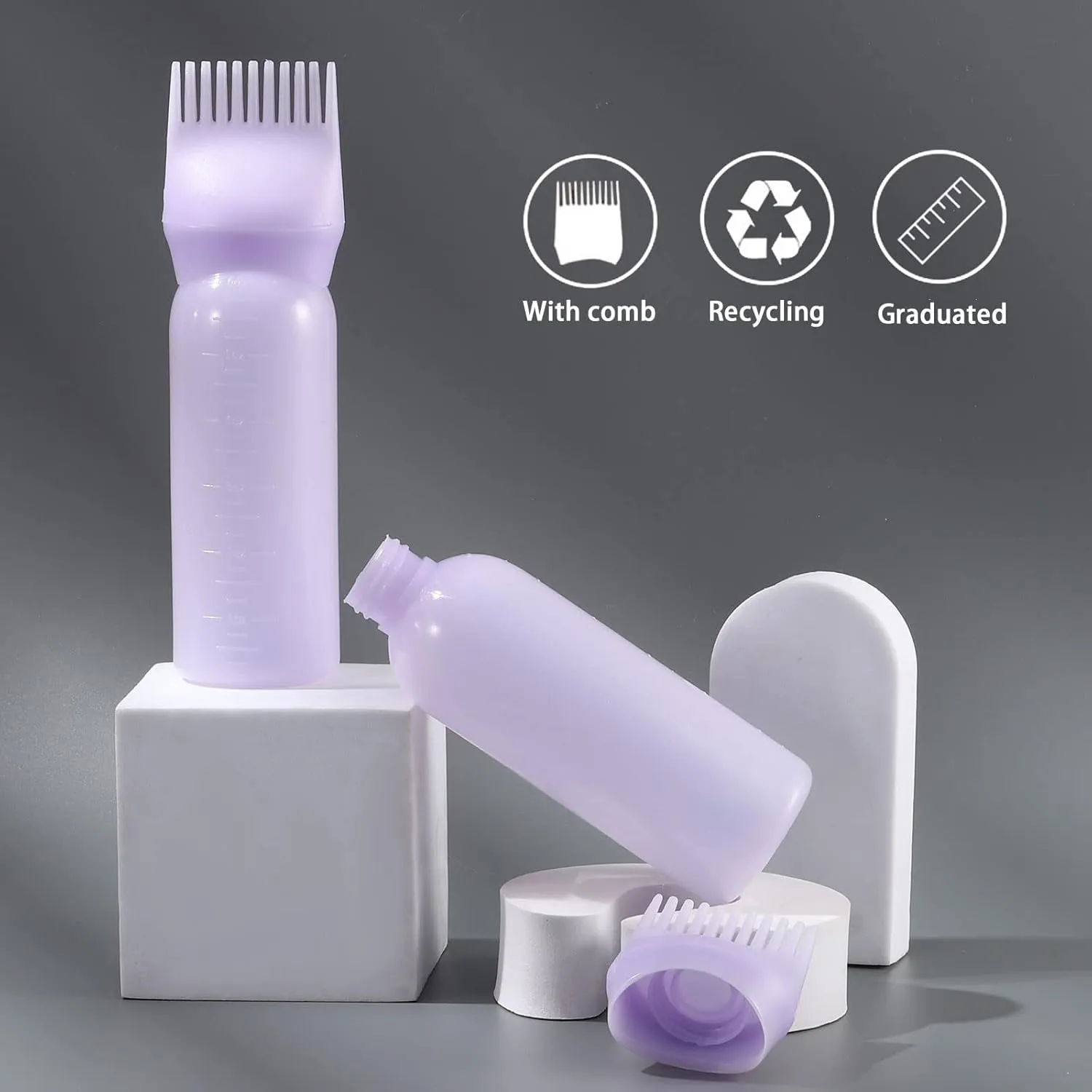Root Comb Applicator Bottle 6 Ounce, 2 Pack Oil Applicator for Hair Dye, Bottle Applicator Brush with Graduated Scale, Purple