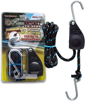Rope Ratchet 3/8" Tie Down, Block & Tackle Pulley System with Hooks, Adjustable Hanger for Kayaks, Canopies, Tents, 8' Braided Polypropylene Rope, 250 lb Capacity, Ideal for Roof Rack, Canoe Tie Downs