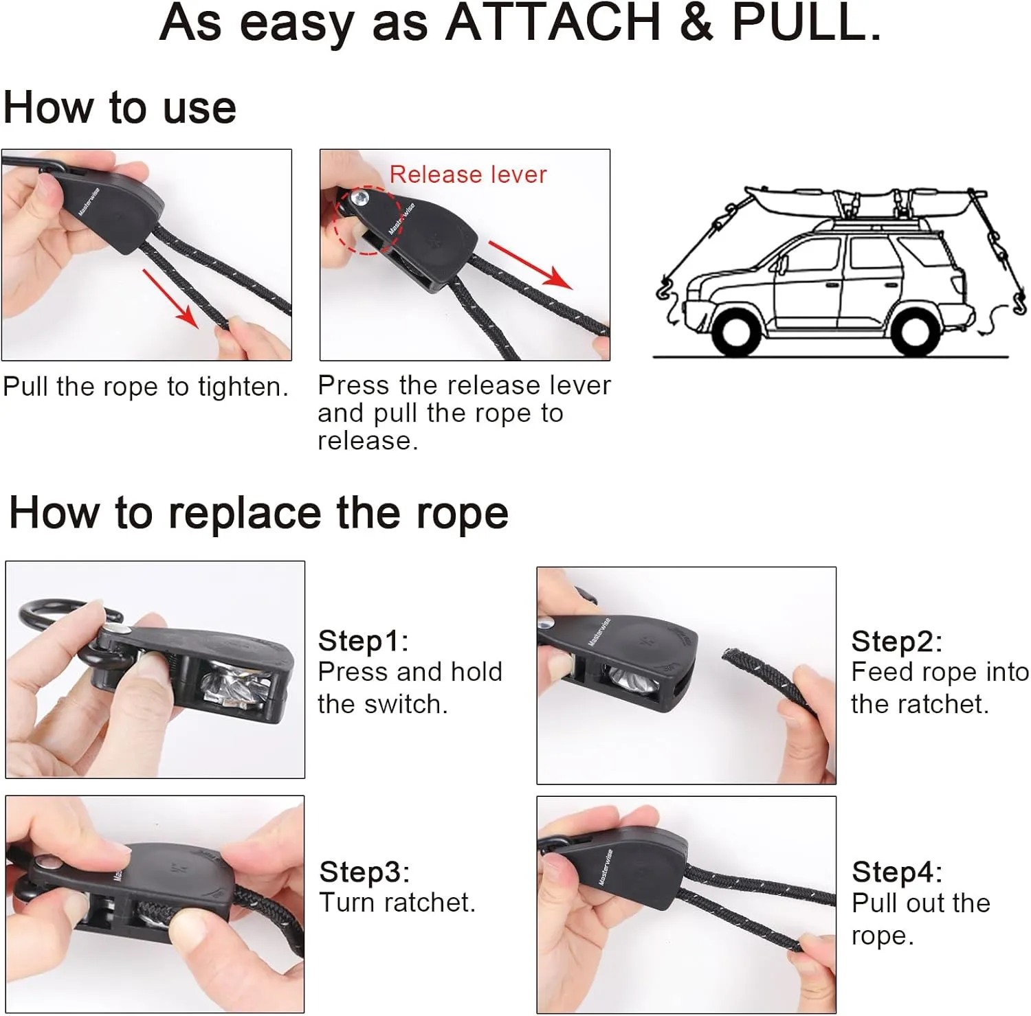 Rope Ratchet Straps, Kayak Tie Down Straps with Reflective Stripe, Boat Trailer Straps Canoe Bow and Stern Rope Hanger Kayak and Canoe Accessories (Black, 1/4" x12'-4pcs)