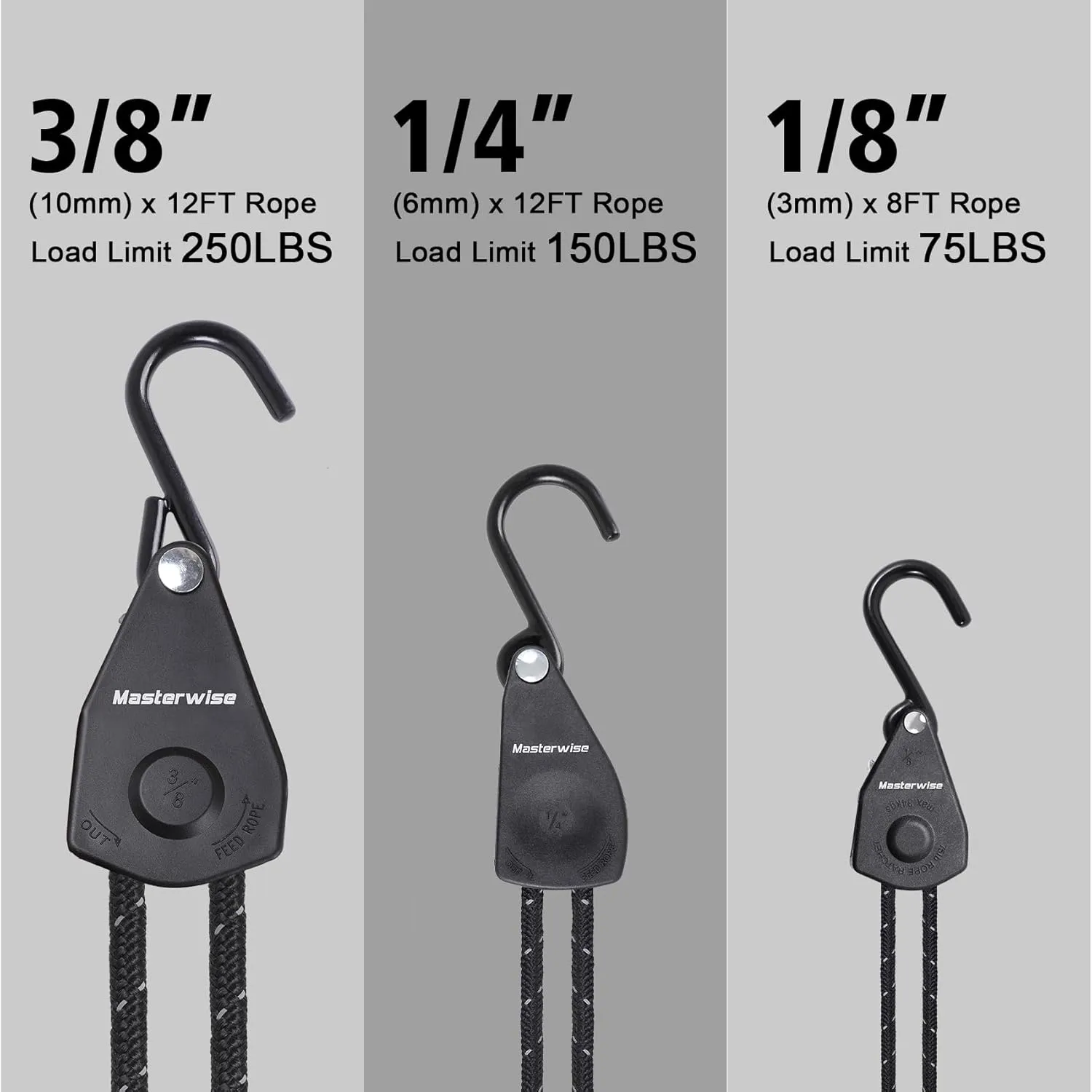 Rope Ratchet Straps, Kayak Tie Down Straps with Reflective Stripe, Boat Trailer Straps Canoe Bow and Stern Rope Hanger Kayak and Canoe Accessories (Black, 1/4" x12'-4pcs)