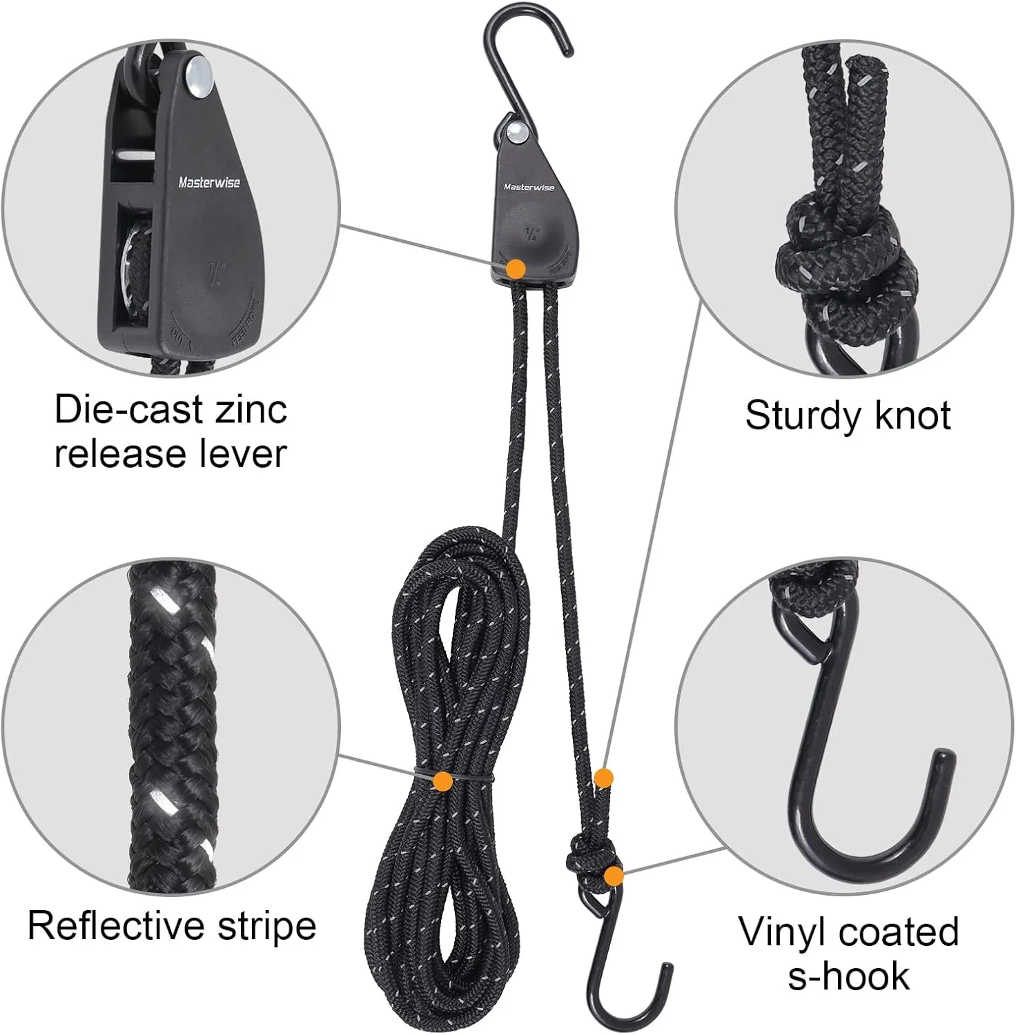 Rope Ratchet Straps, Kayak Tie Down Straps with Reflective Stripe, Boat Trailer Straps Canoe Bow and Stern Rope Hanger Kayak and Canoe Accessories (Black, 1/4" x12'-4pcs)