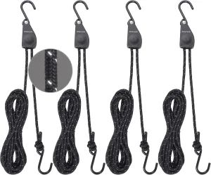 Rope Ratchet Straps, Kayak Tie Down Straps with Reflective Stripe, Boat Trailer Straps Canoe Bow and Stern Rope Hanger Kayak and Canoe Accessories (Black, 1/4" x12'-4pcs)