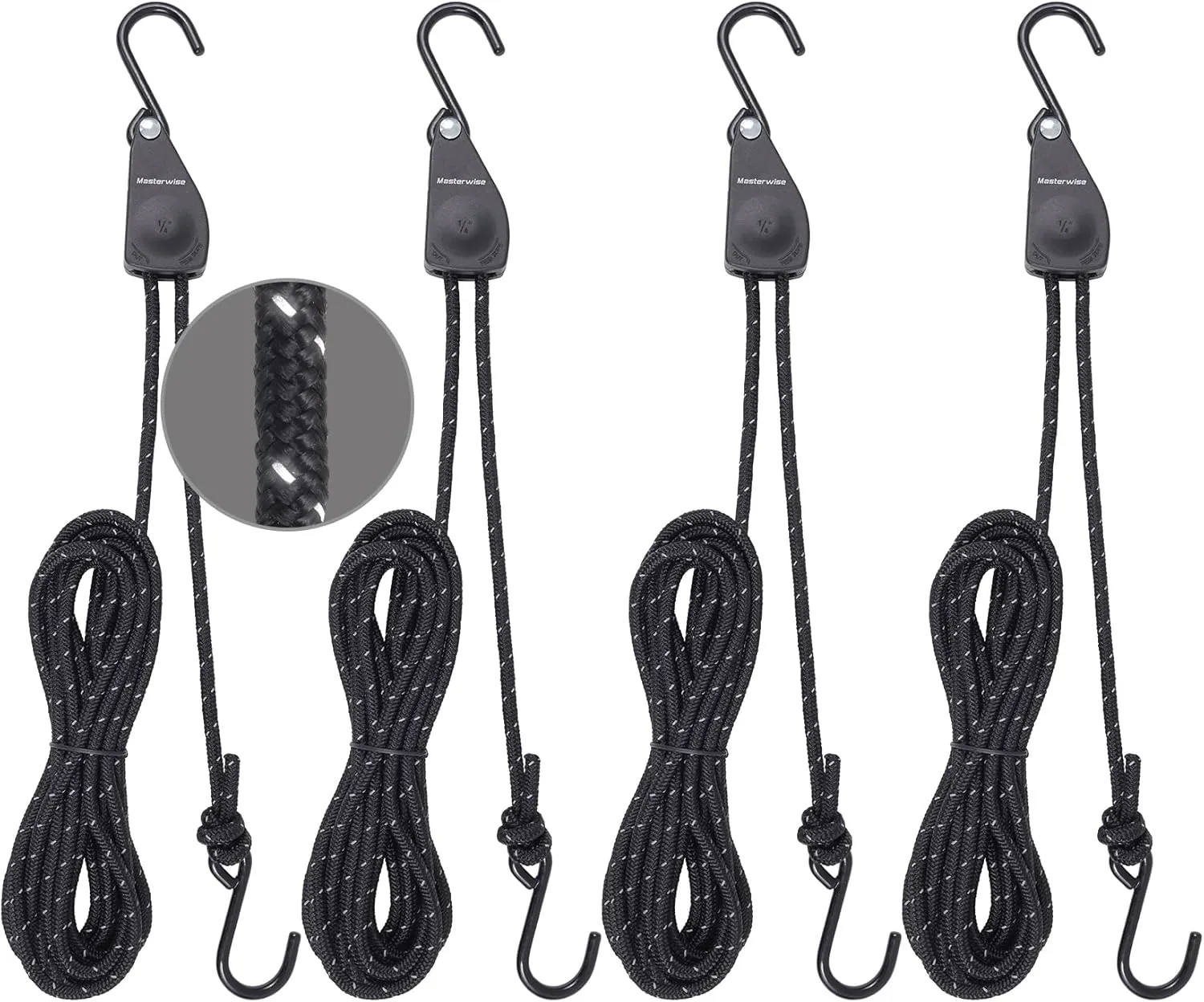 Rope Ratchet Straps, Kayak Tie Down Straps with Reflective Stripe, Boat Trailer Straps Canoe Bow and Stern Rope Hanger Kayak and Canoe Accessories (Black, 1/4" x12'-4pcs)