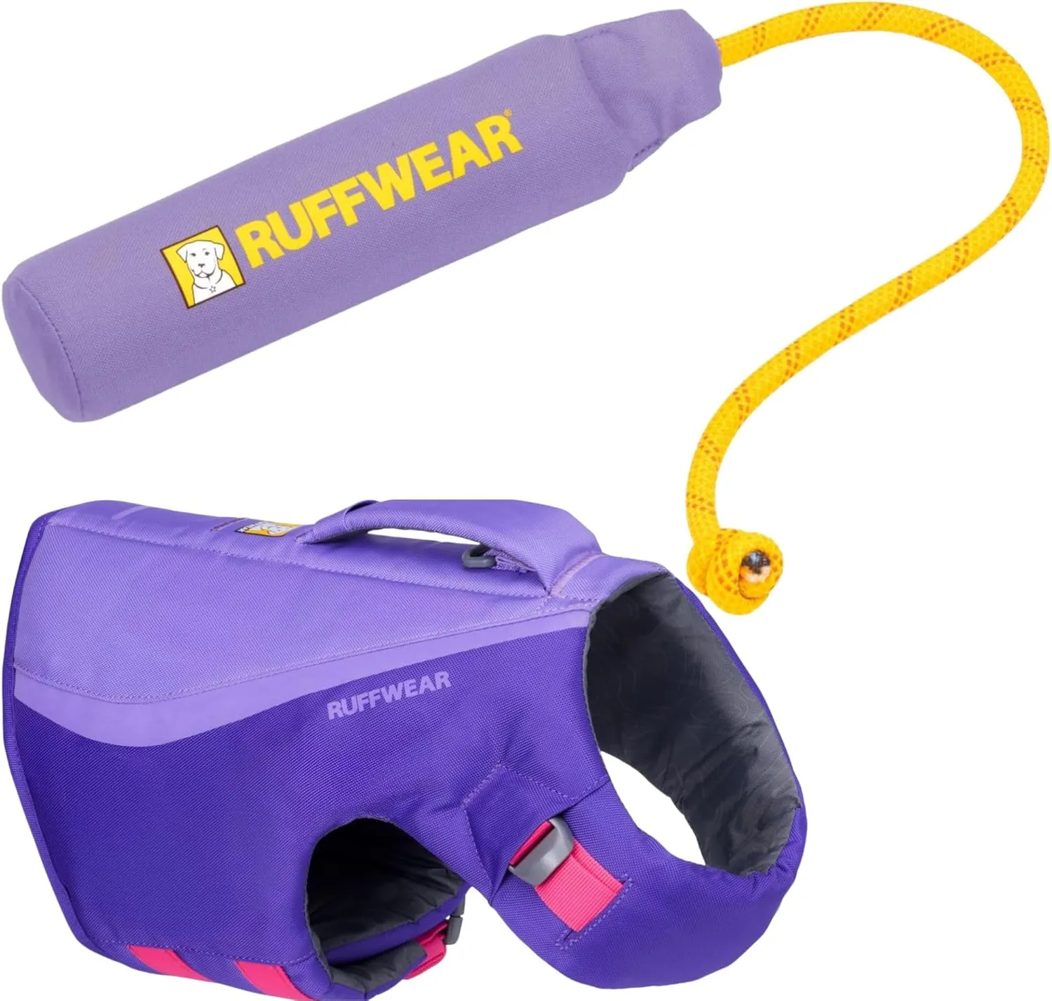 Ruffwear, Float Coat Dog Life Jacket & Lunker Toy Bundle – Adjustable Dog Life Vest for Swimming with Floating Tug Toy for Fetch & Water Play, for Small, Medium & Large Dogs, Purple Lily, XX-Small