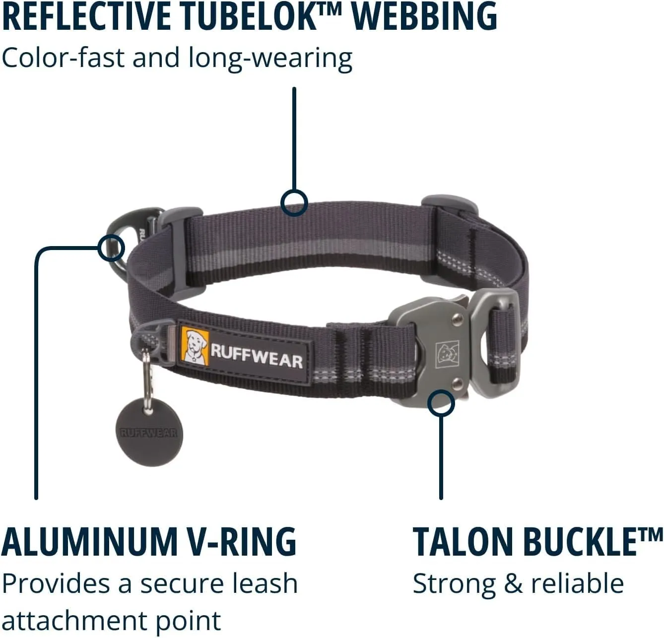 Ruffwear, Top Rope Dog Collar, Reflective Metal Buckle Dog Collar for Everyday Use, Basalt Gray, 14"-20"