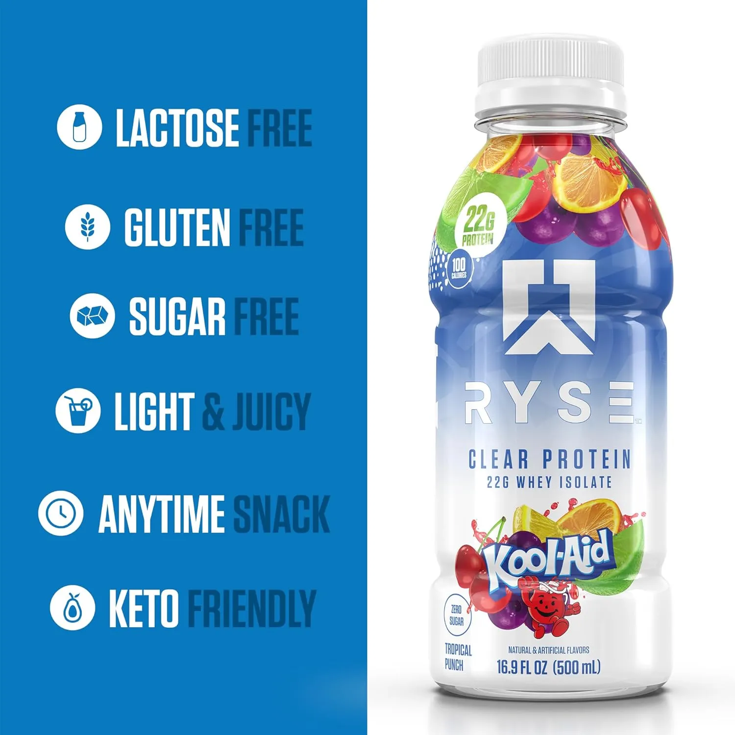 RYSE Clear Protein Shake - Kool-Aid Tropical Punch - 100 Calories, 22g Whey Isolate Protein, Sugar-Free, 0g Fat & Lactose-Free - Refreshing Ready-to-Drink Beverage - 16.9 fl oz Bottles (12-Pack)