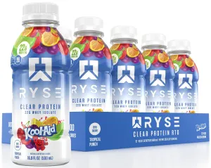 RYSE Clear Protein Shake - Kool-Aid Tropical Punch - 100 Calories, 22g Whey Isolate Protein, Sugar-Free, 0g Fat & Lactose-Free - Refreshing Ready-to-Drink Beverage - 16.9 fl oz Bottles (12-Pack)