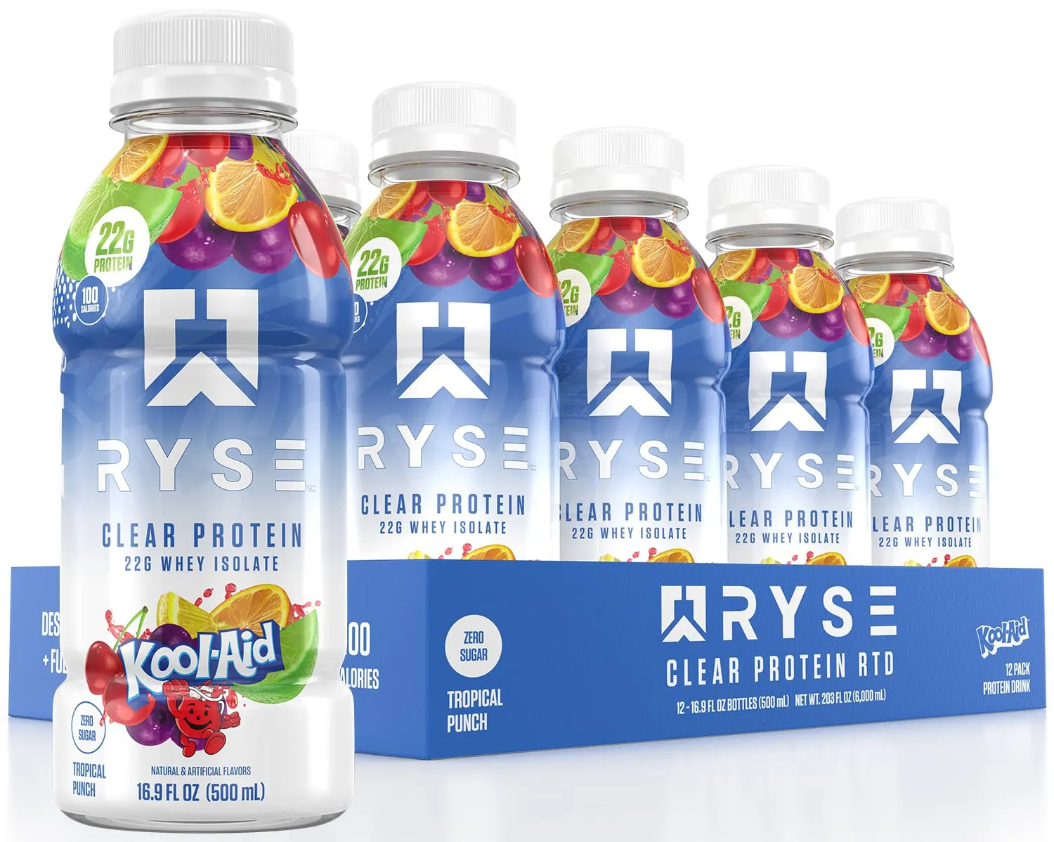 RYSE Clear Protein Shake - Kool-Aid Tropical Punch - 100 Calories, 22g Whey Isolate Protein, Sugar-Free, 0g Fat & Lactose-Free - Refreshing Ready-to-Drink Beverage - 16.9 fl oz Bottles (12-Pack)
