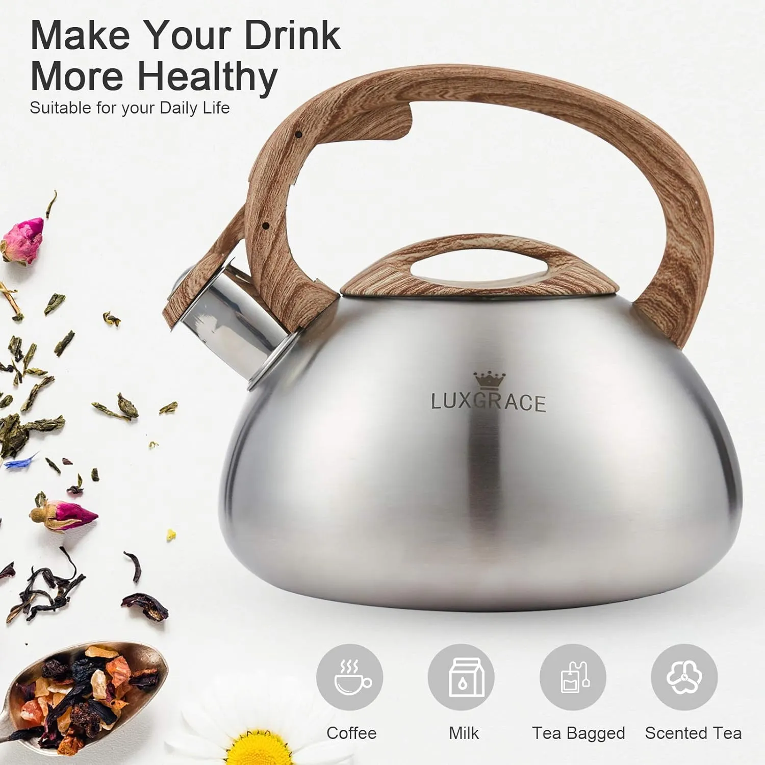 s-p Stovetop Tea Kettle- Whistling Teapot Stainless Steel Tea kettle for Stove Top Loud Whistle Tea Pot With Wood Pattern Handle Tea kettles Water Kettle(Silver Body and Black Handle