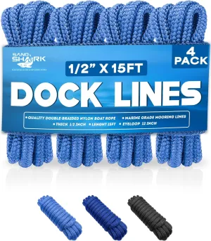 SandShark Premium 15ft 1/2in Dock Lines 4 Pack, Quality Double-Braided Nylon Boat Rope, 12in Eyelet Loop, Boat Mooring Ropes for Docking. Pontoon Boat Accessories- Blue