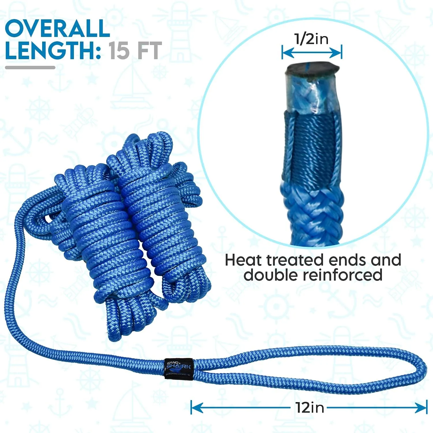 SandShark Premium 15ft 1/2in Dock Lines 4 Pack, Quality Double-Braided Nylon Boat Rope, 12in Eyelet Loop, Boat Mooring Ropes for Docking. Pontoon Boat Accessories- Blue