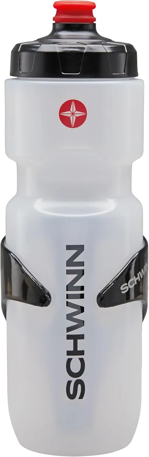 Schwinn Translucent Sport Water Bottle and Bottle Holder Combo, 26 oz or 750 ml, BPA-Free Squeeze Sport Bottle with Ounce Markers, Easy to Attach Polymer Cage