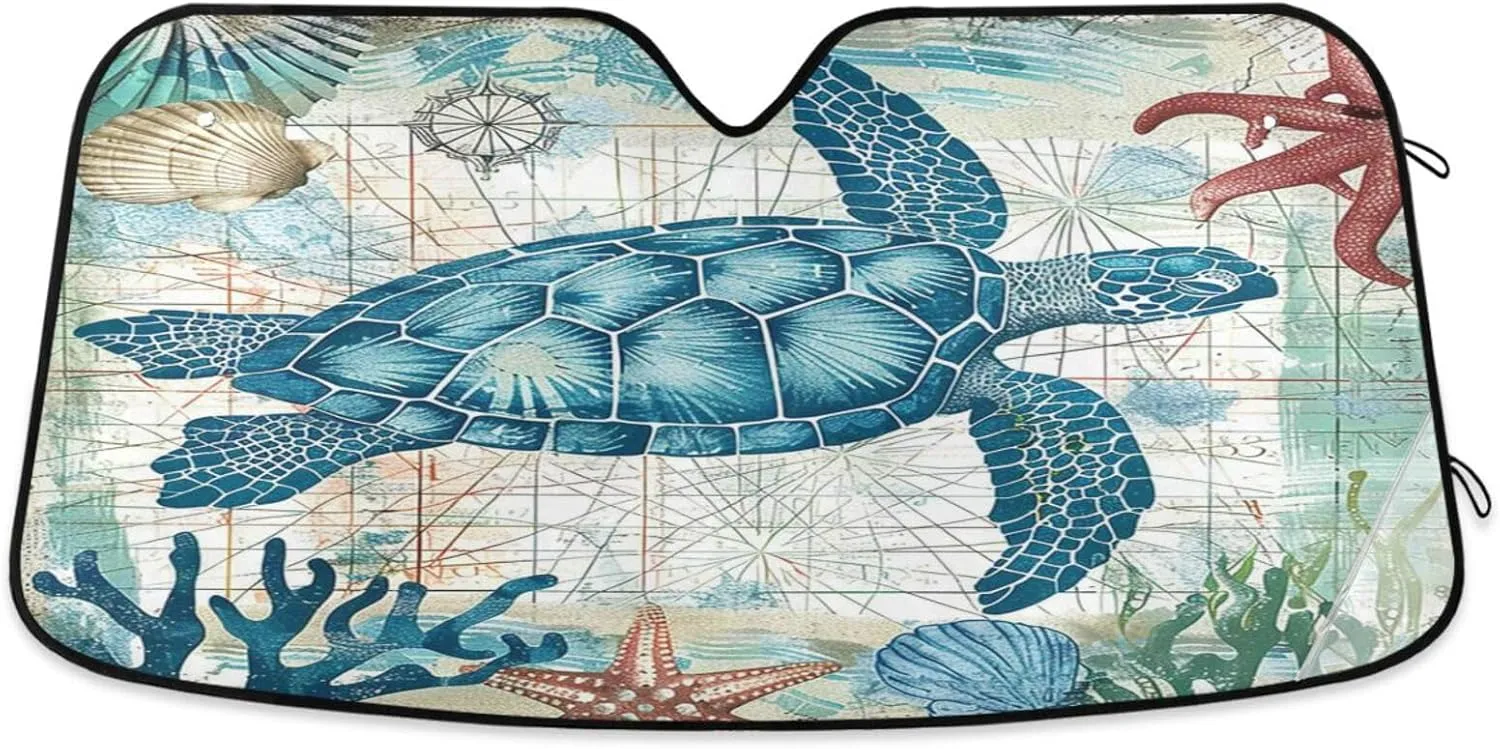 Sea Turtle Starfish Car Windshield Sun Shade Ocean Tortoise Sunshade Car Shield Shade Visor Cover Reflective Block UV Rays Protector Keep Your Vehicle Cool Foldable for Car Truck SUV L