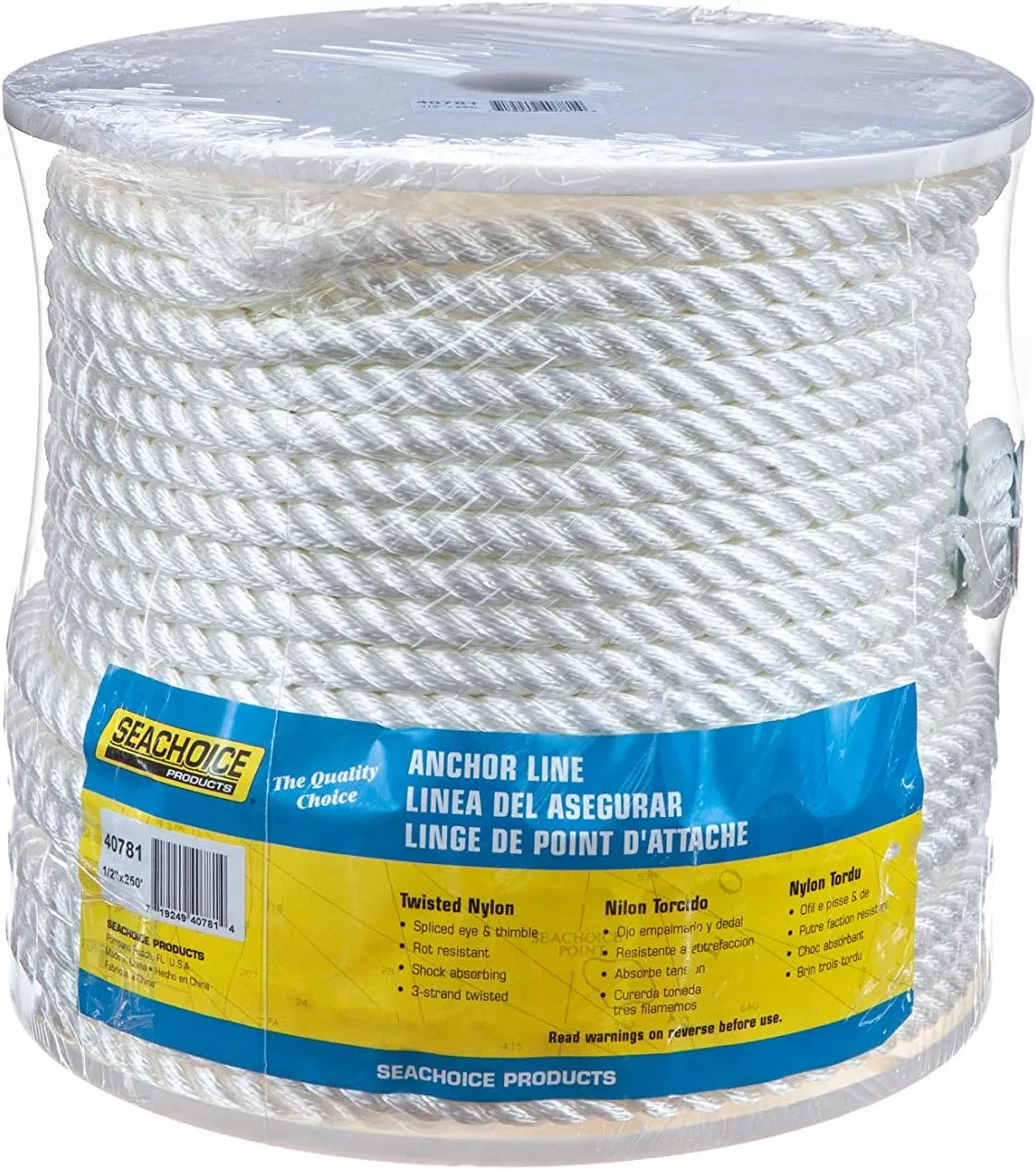 Seachoice Anchor Line Rope, 3-Strand Twisted, White, Nylon