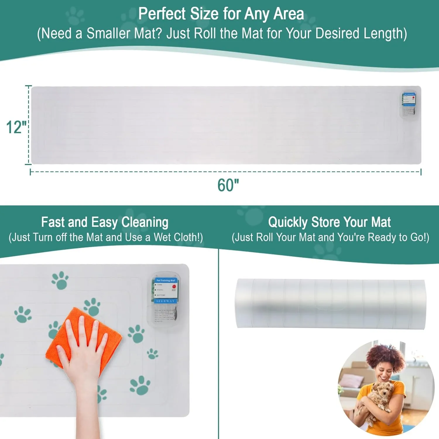 SEERWAY Scat Pet Shock Mat Indoor, Safe Shock Training Pads for Dogs and Cats, Electric Repellent Mat Keeps Pets Off Couch, Sofa, Counter Top, 3 Training Modes, 60"x12" Rectangular, Battery Operated