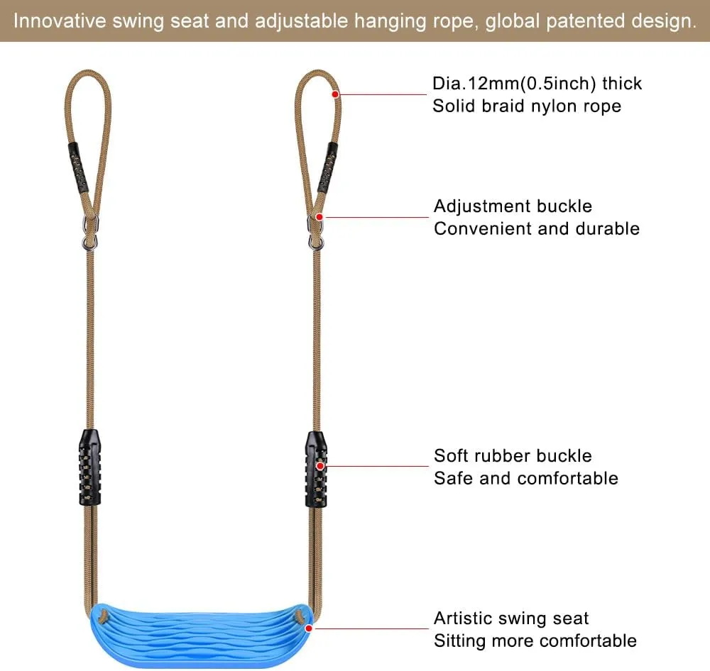 SELEWARE Non-Slip Plastic Swing Seat, Heavy Duty Tree Swing Set with Adjustable Rope & Carabiners for Kids & Adults, Outdoor/Indoor Playground Seat Replacement, Blue, 2 Pack