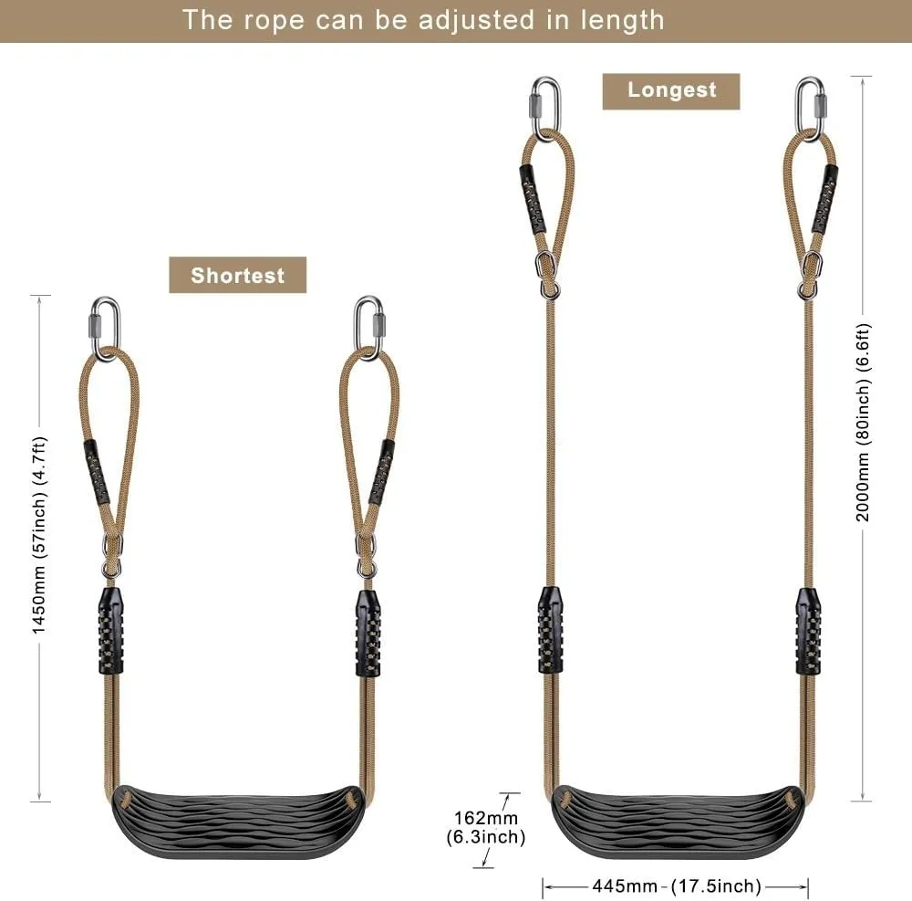 SELEWARE Plastic Swing Seat, Non Slip Tree Swing Set with Adjustable Rope and 4 Carabiners, Heavy Duty Playground Swing Set Accessories for Kid Indoor Outdoor Backyard, Black, 2 Pack