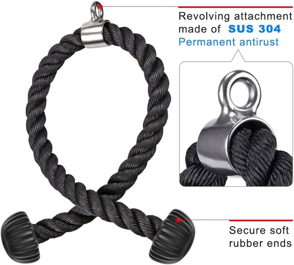 SELEWARE Tricep Rope W/Rubber Ends Cable Machine Attachments for Gym, 28”/36” Universal Triceps Pull Down Rope for Pulley System Home Gym Workout Fitness
