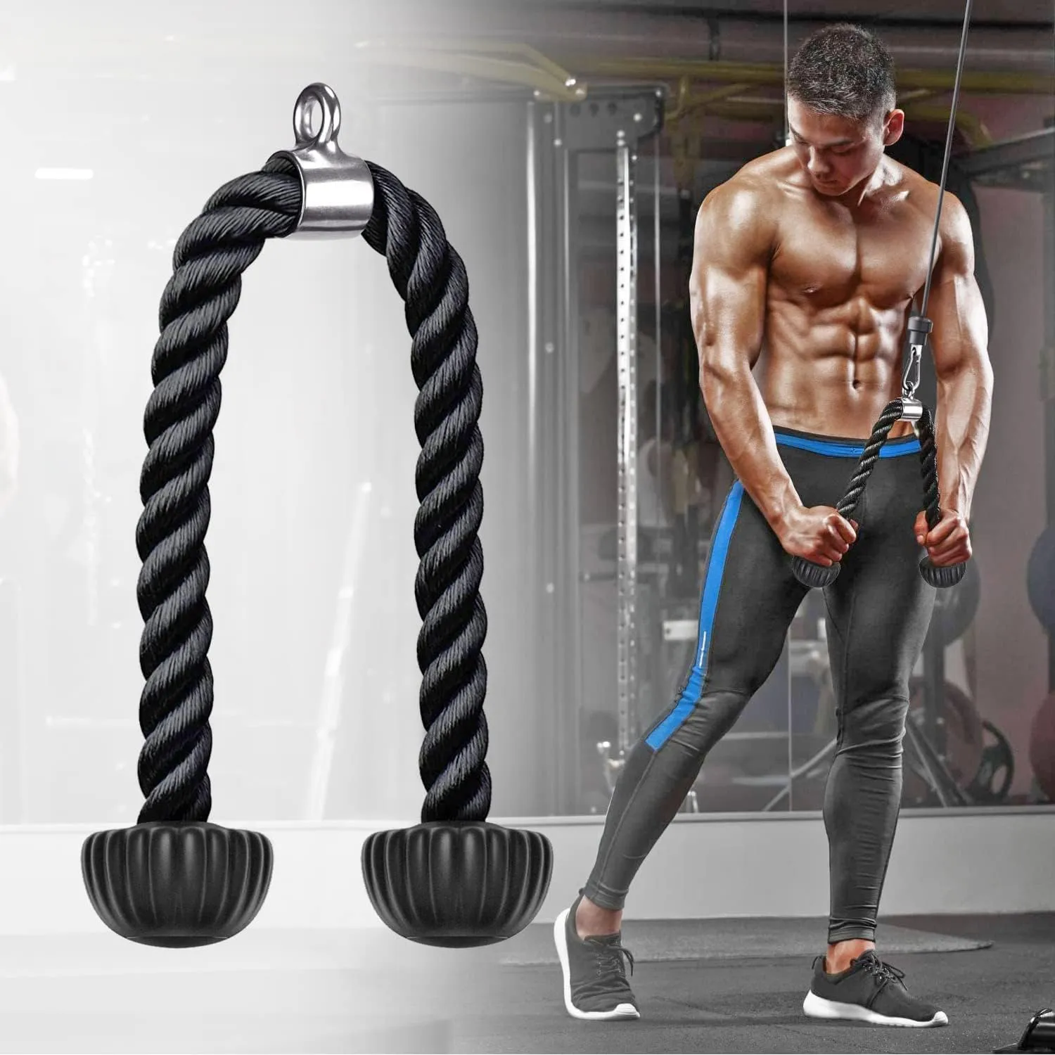 SELEWARE Tricep Rope W/Rubber Ends Cable Machine Attachments for Gym, 28”/36” Universal Triceps Pull Down Rope for Pulley System Home Gym Workout Fitness
