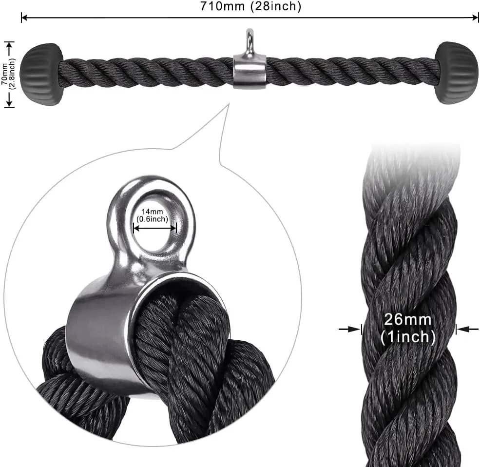 SELEWARE Tricep Rope W/Rubber Ends Cable Machine Attachments for Gym, 28”/36” Universal Triceps Pull Down Rope for Pulley System Home Gym Workout Fitness