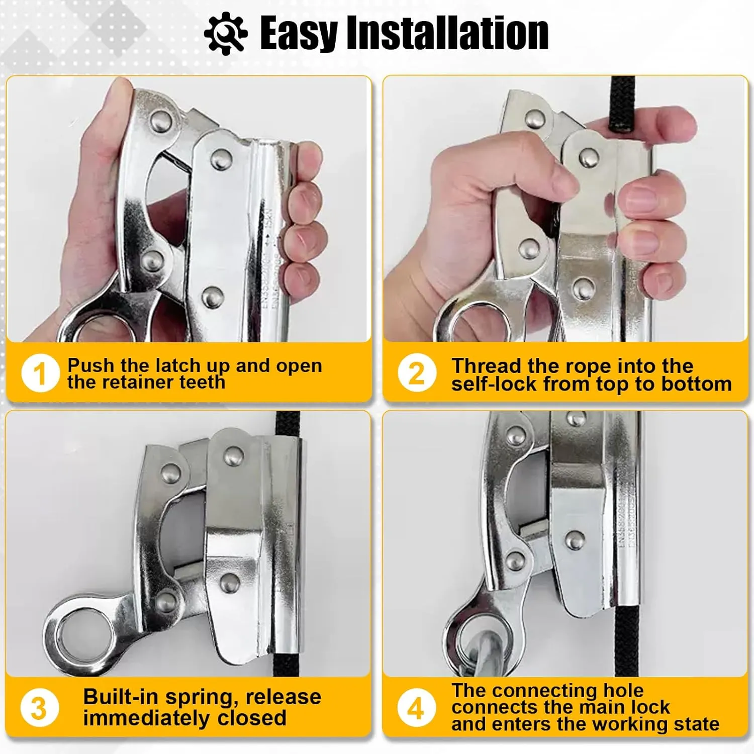 Self-Locking Rope Grab Ascender, Alloy Steel, Suitable for Heavy Industry/Roofing/Construction/Fall Protection/Tree Trimming/Lifeline, Compliant with OSHA/ANSI Standards