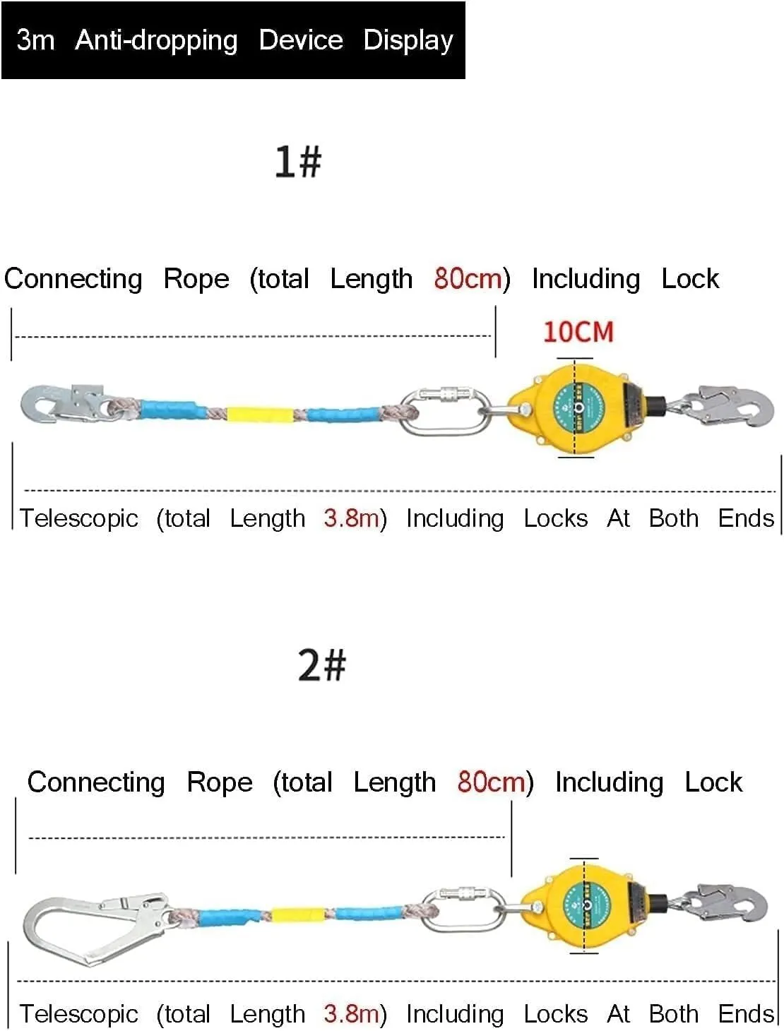 Self Retracting Lifeline Safety Rope with Quick-Action Braking, Fall Protection Cable Lanyard for Roofing & Construction (15m)