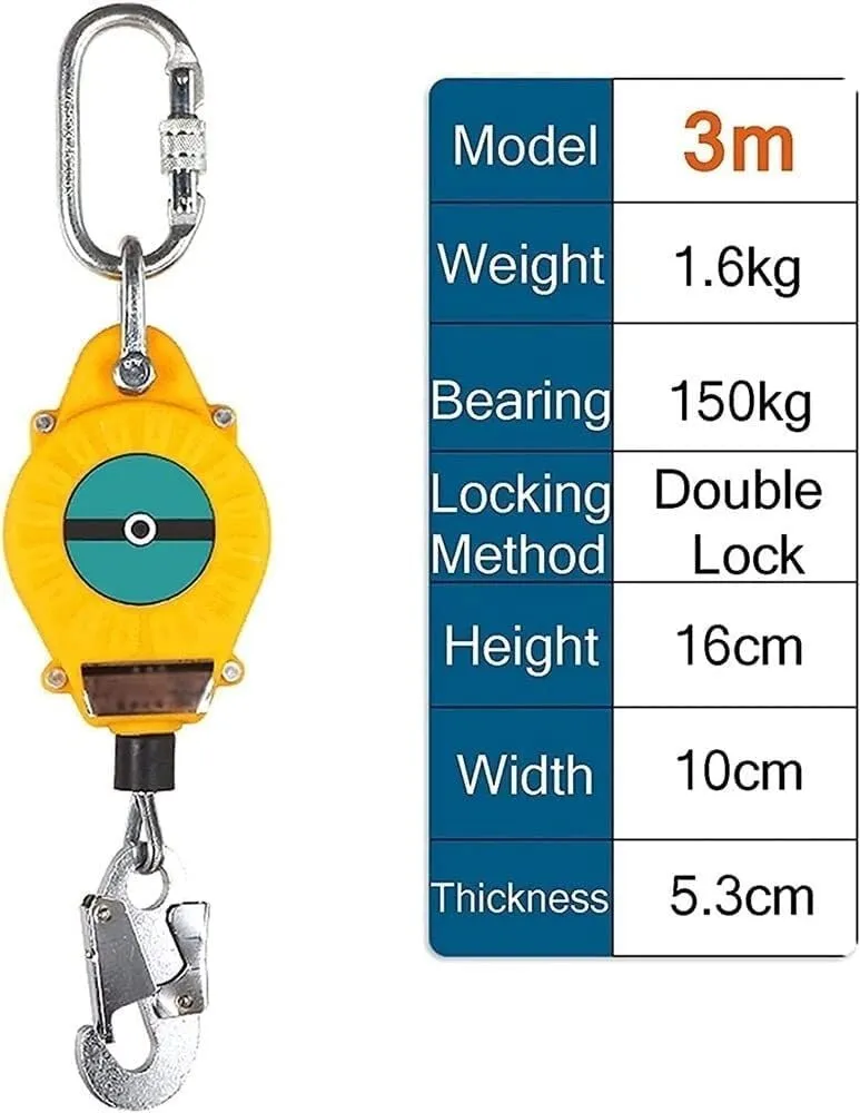 Self-Retracting Lifeline with Quick-Action Braking, Fall Arrest Block for Roofing & Construction, 150kg Load, 5M Safety Lanyard