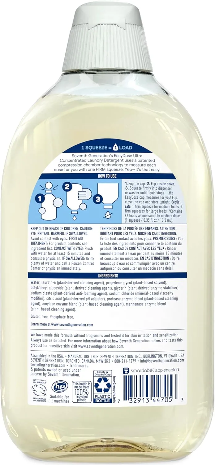 Seventh Generation Laundry Detergent, Ultra Concentrated EasyDose, Free & Clear, 23.1 Fl Oz (Pack of 2) (Packaging May Vary)