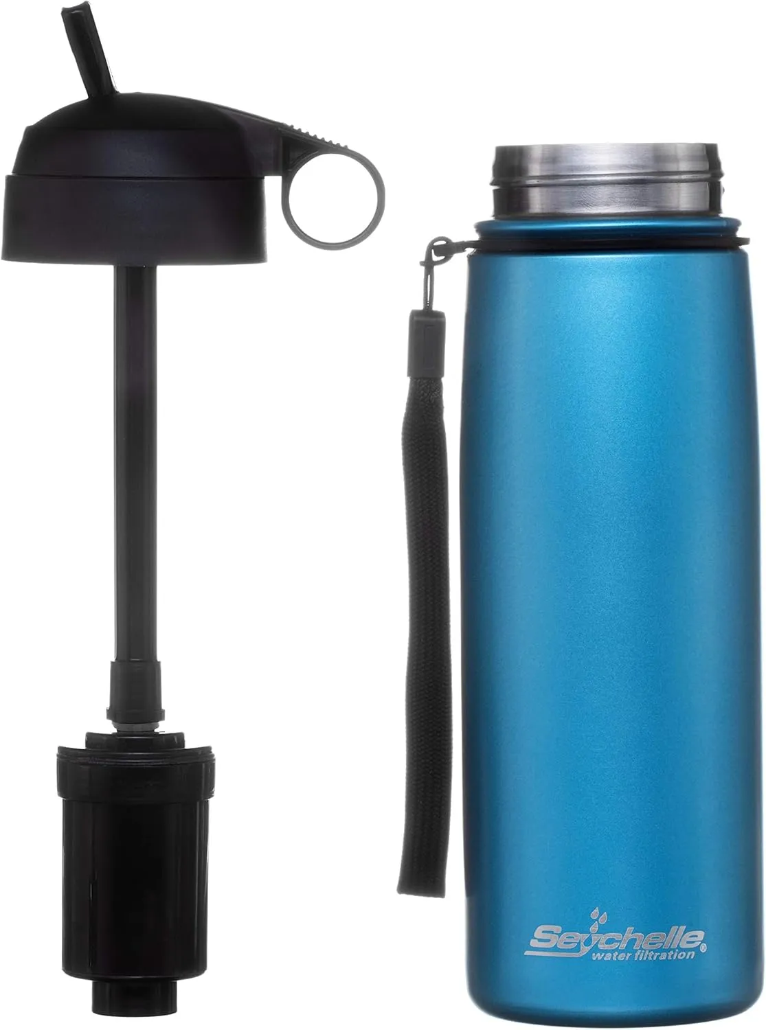 Seychelle Stainless Steel Water Filter Bottle - Alkaline Water Filter - Insulated Double Walled Water Bottle - Vacuum Sealed - 26oz (Metallic Blue)