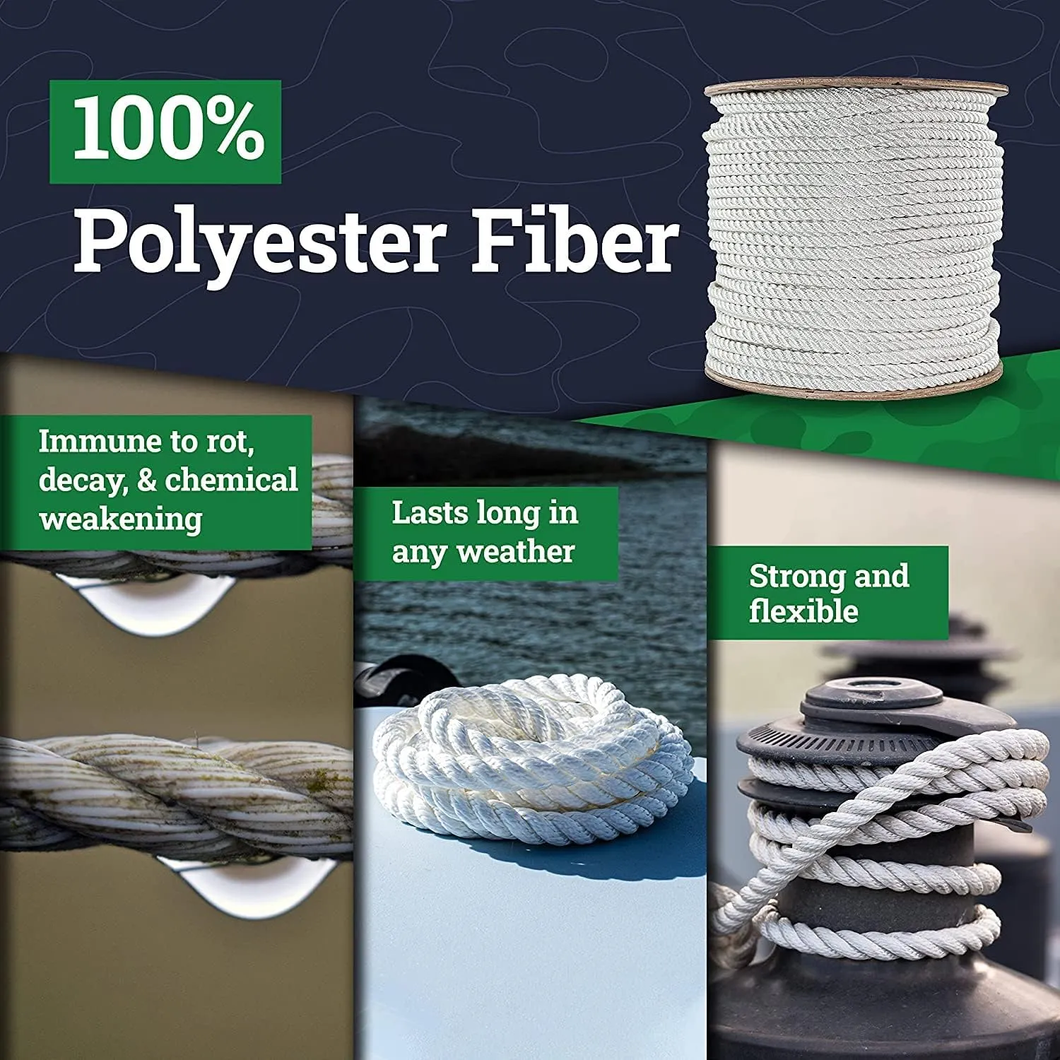 SGT KNOTS Twisted Polyester Rope (3/4 inch) White - Low Stretch, High Strength - Rigging, Winch, String Line, Pull & Truck Rope, Crafts (50 feet)