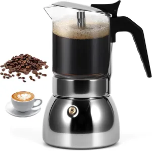 SHANGSKY Moka Pot Espresso Maker, Stovetop Italian Coffee Maker, 300 ML Glass Top and Stainless Steel Coffee Pot, Visual Mocha Pot Cafetera Espresso Cuban Coffee Maker