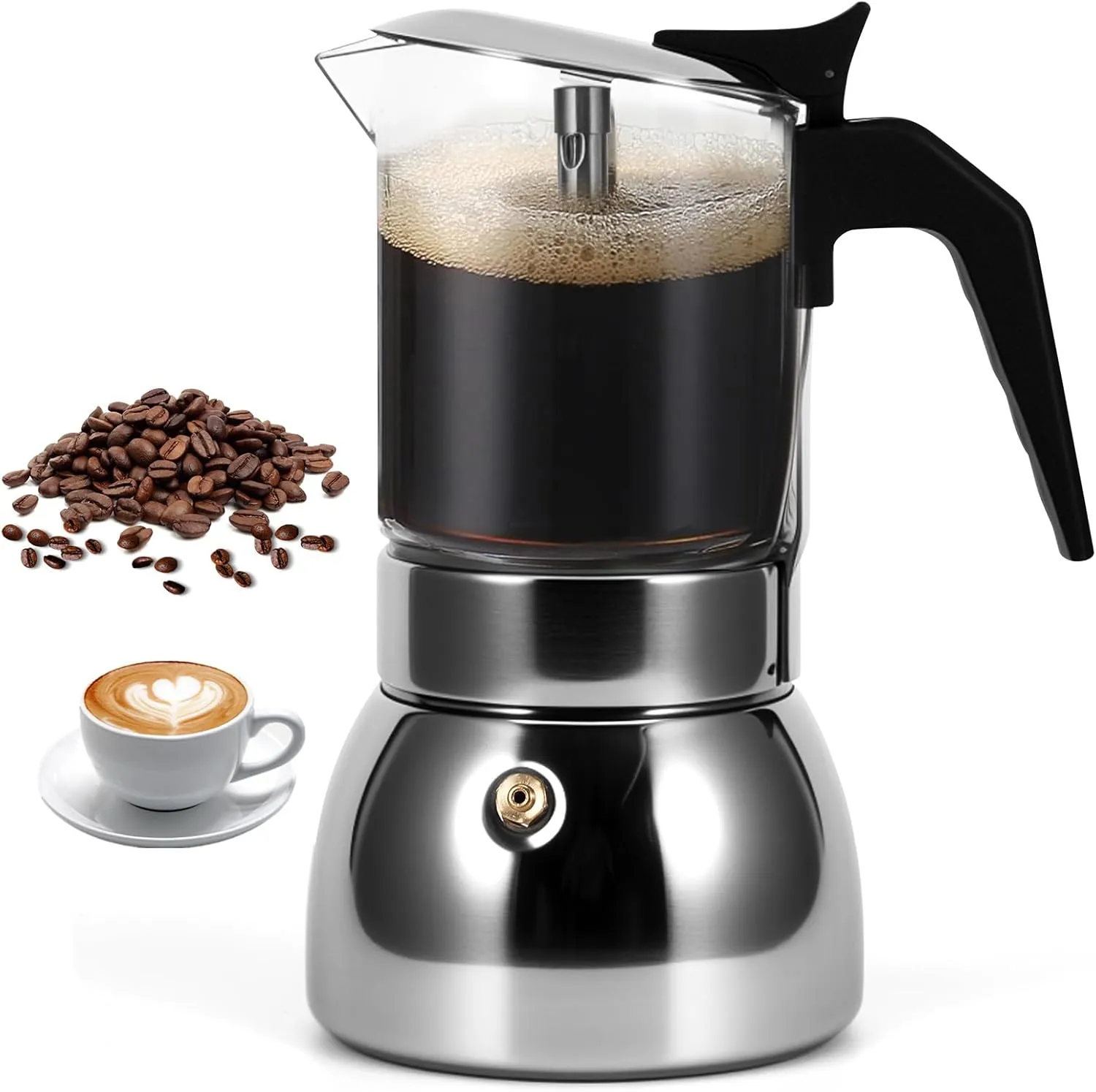 SHANGSKY Moka Pot Espresso Maker, Stovetop Italian Coffee Maker, 300 ML Glass Top and Stainless Steel Coffee Pot, Visual Mocha Pot Cafetera Espresso Cuban Coffee Maker