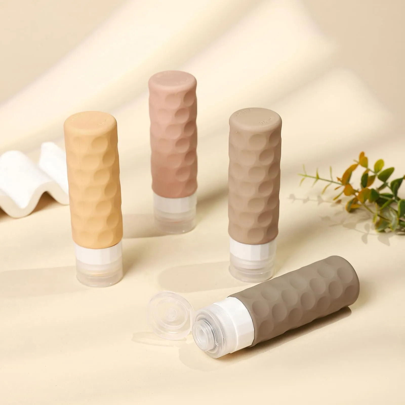 Silevoler Travel Bottles for Toiletries, 4pcs Tsa Approved 3oz Travel Size Containers, BPA Free Leak Proof Premium Silicone Bottles, Refillable Liquid Squeezable Accessories W/Toiletry Bag（Apricot）