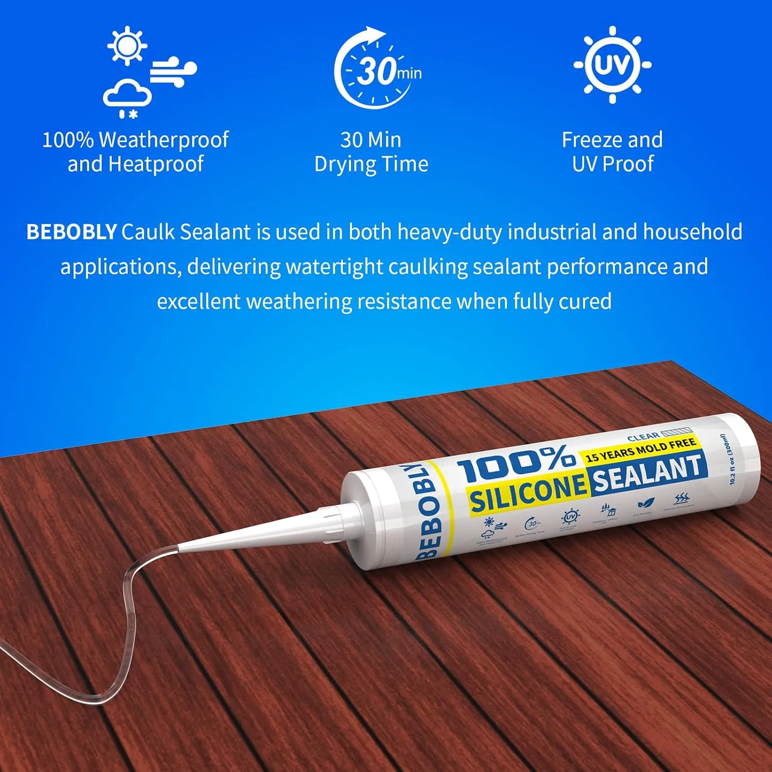 Silicone Caulk & Sealant Clear, 100% Waterproof Silicone Sealant, Shrink & Crack Proof, Silicone Caulking for Kitchen, Bathroom, RV, Interior & Exterior Use, 10.2 FL. OZ/300ML, 4 Pack