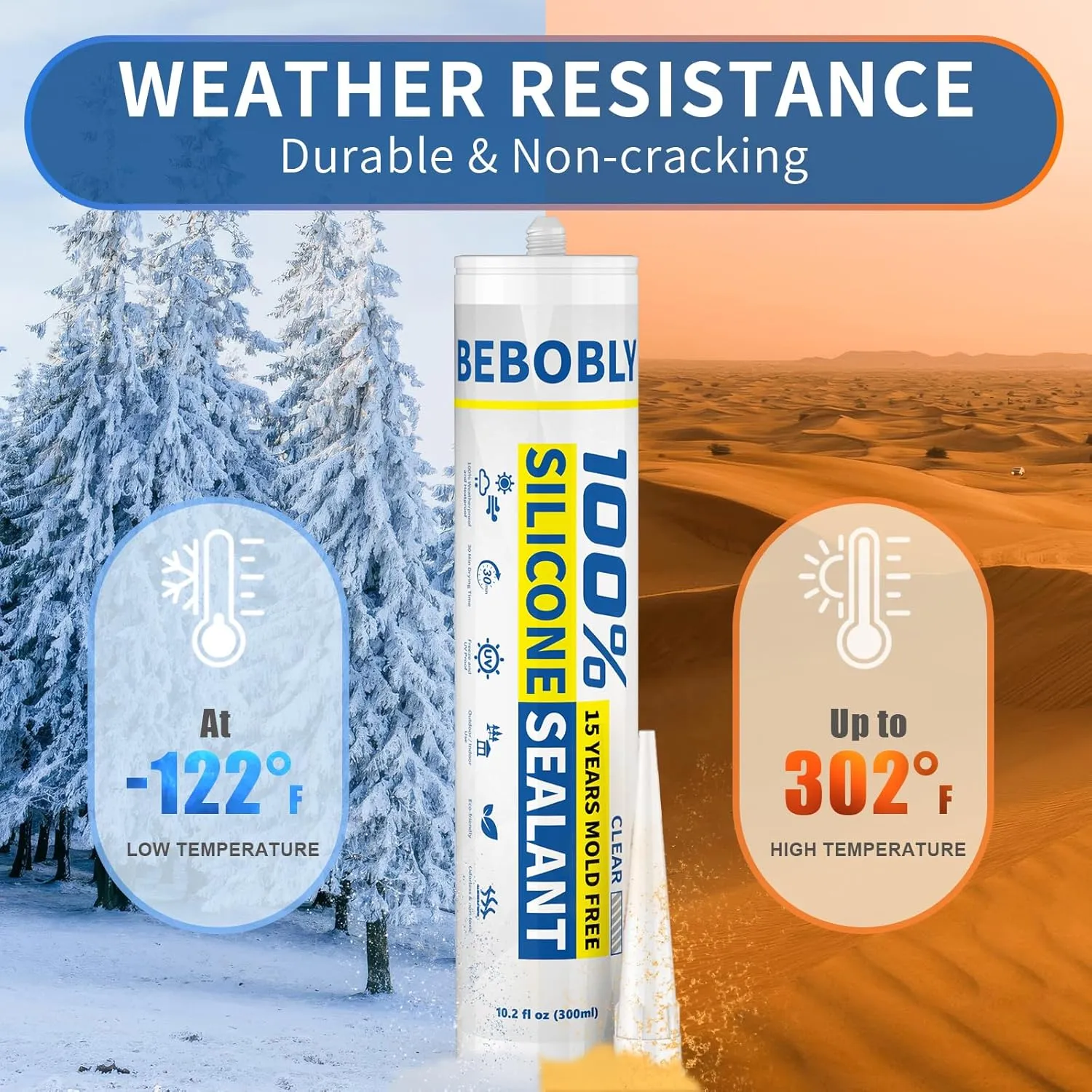 Silicone Caulk & Sealant Clear, 100% Waterproof Silicone Sealant, Shrink & Crack Proof, Silicone Caulking for Kitchen, Bathroom, RV, Interior & Exterior Use, 10.2 FL. OZ/300ML, 4 Pack