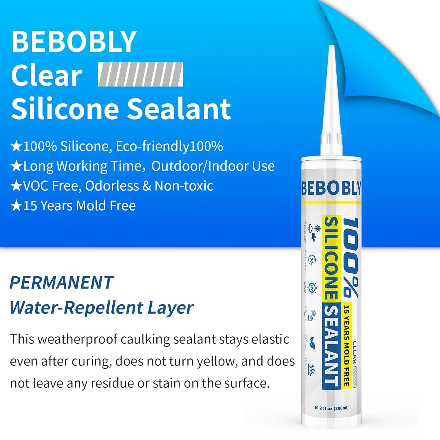 Silicone Caulk & Sealant Clear, 100% Waterproof Silicone Sealant, Shrink & Crack Proof, Silicone Caulking for Kitchen, Bathroom, RV, Interior & Exterior Use, 10.2 FL. OZ/300ML, 4 Pack