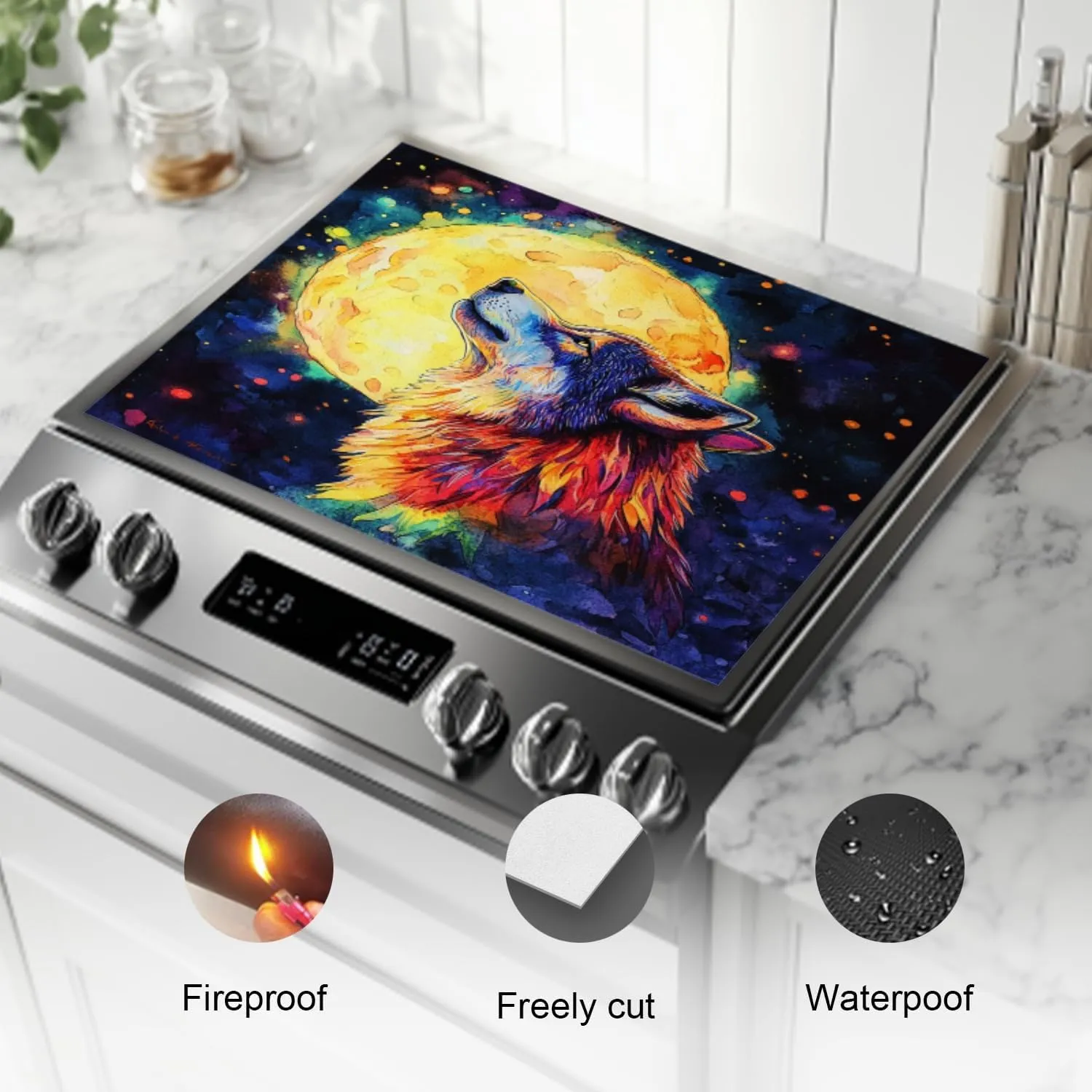 Silicone Stove Mat for Glass Top Stove, Wolf With Head Up Under Full Moon Electric Stove Cover Mat, 28 x 20 Inch Heat - Resistant Gas Gtove Burner Covers Glass Stove Top Protector