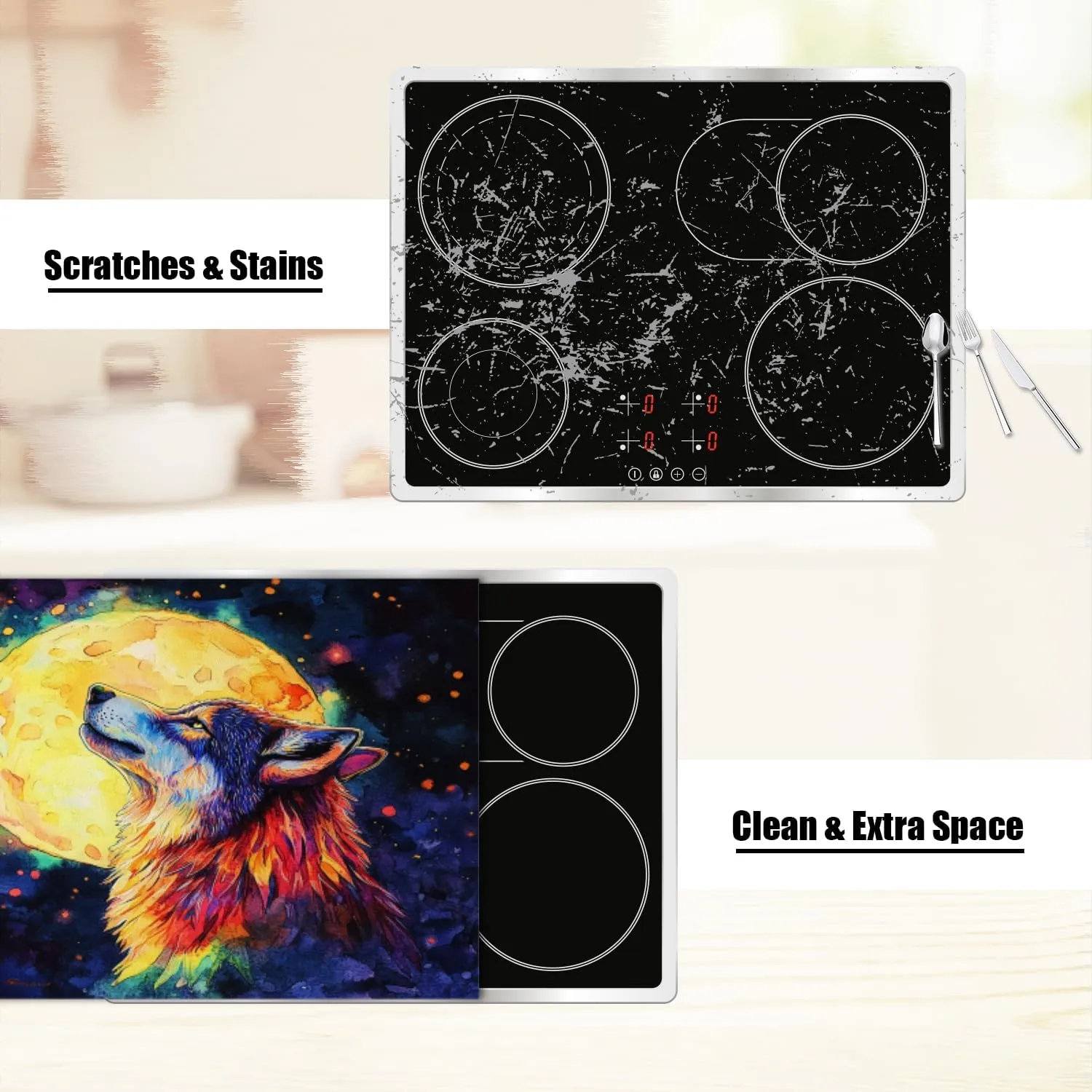 Silicone Stove Mat for Glass Top Stove, Wolf With Head Up Under Full Moon Electric Stove Cover Mat, 28 x 20 Inch Heat - Resistant Gas Gtove Burner Covers Glass Stove Top Protector