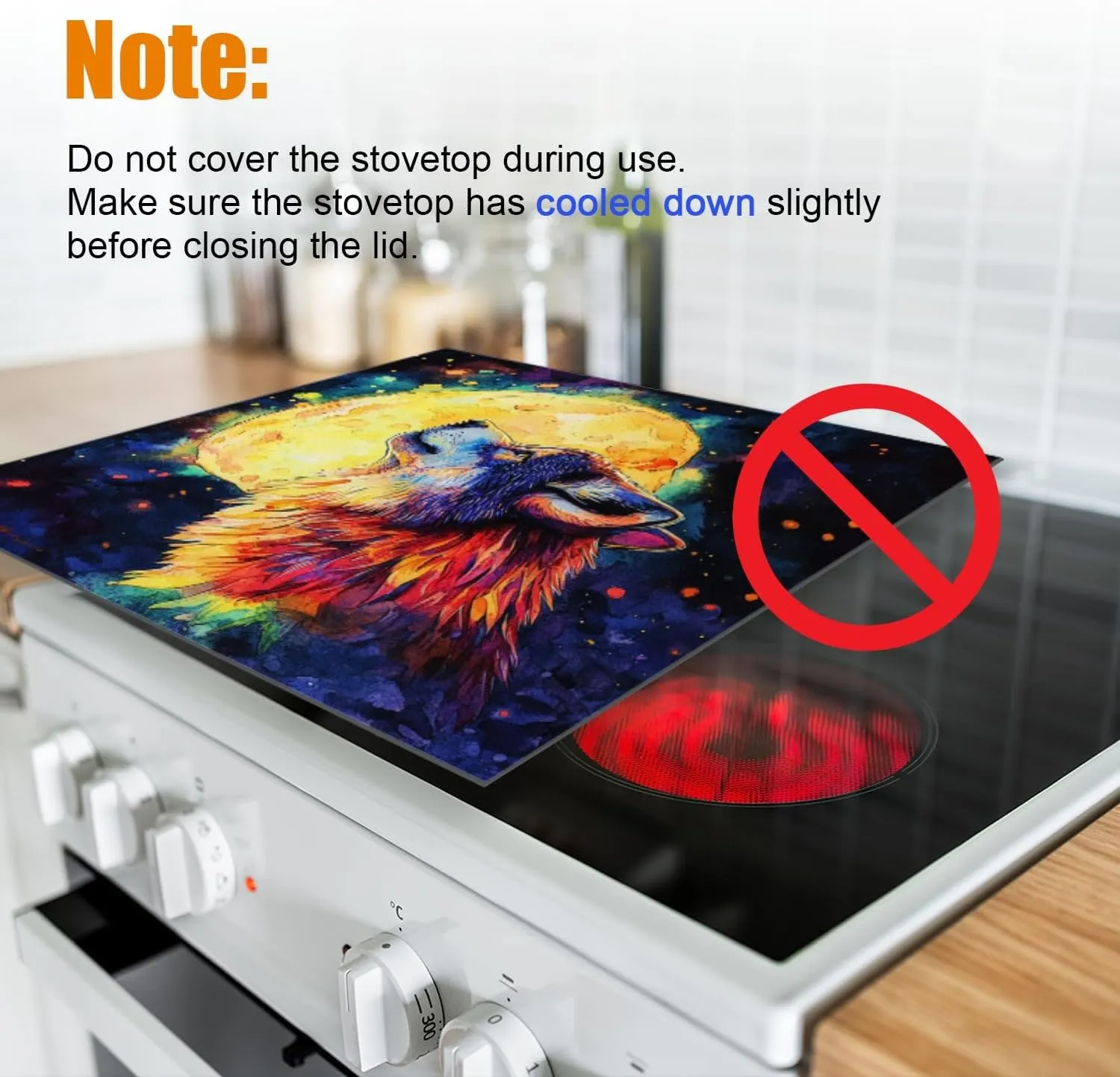 Silicone Stove Mat for Glass Top Stove, Wolf With Head Up Under Full Moon Electric Stove Cover Mat, 28 x 20 Inch Heat - Resistant Gas Gtove Burner Covers Glass Stove Top Protector