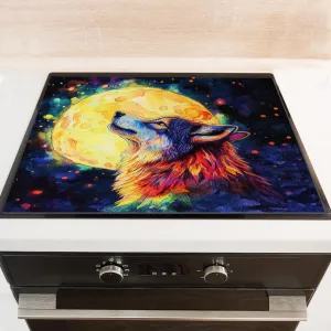 Silicone Stove Mat for Glass Top Stove, Wolf With Head Up Under Full Moon Electric Stove Cover Mat, 28 x 20 Inch Heat - Resistant Gas Gtove Burner Covers Glass Stove Top Protector