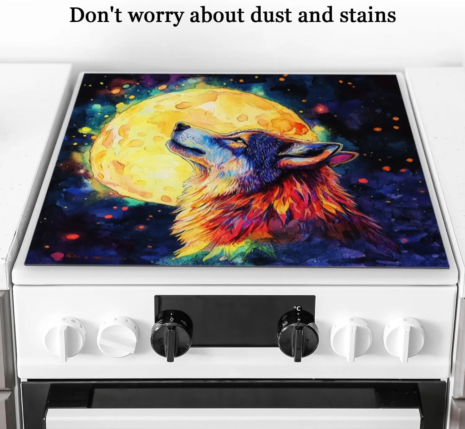Silicone Stove Mat for Glass Top Stove, Wolf With Head Up Under Full Moon Electric Stove Cover Mat, 28 x 20 Inch Heat - Resistant Gas Gtove Burner Covers Glass Stove Top Protector