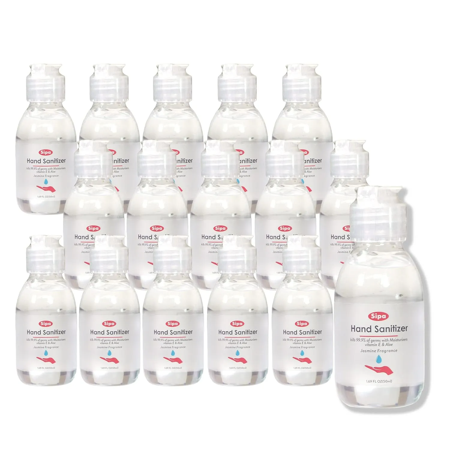SIPA Hand Sanitizer 1.69 oz/ 50 ml, Travel Size, Jasmine Scent, Flip Cap Bottle each, Refreshing Soothing Gel with Aloe, and Vitamin E, (Pack of 16)